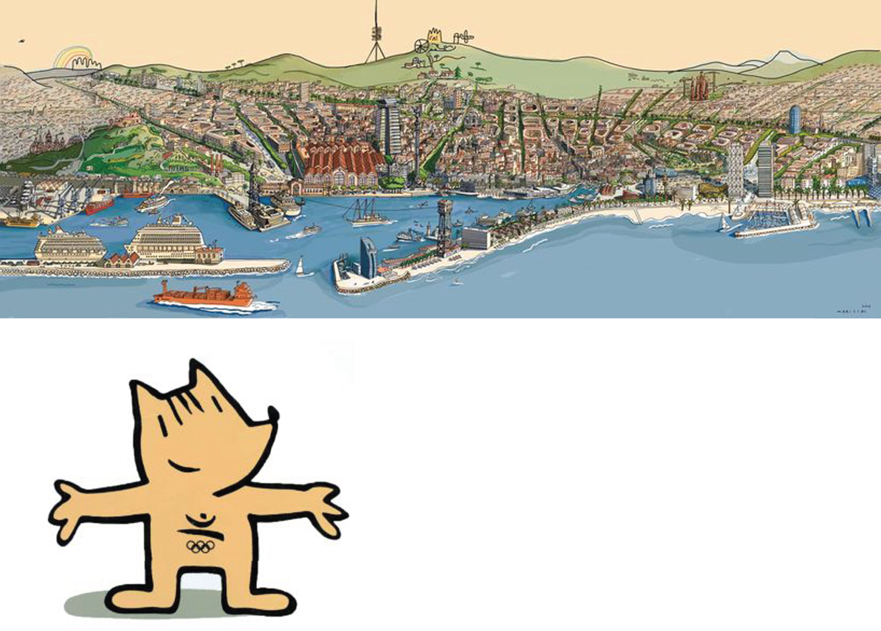 Barcelona and Cobi, the mascot for the Barcelona 1992, by Javier Mariscal, an interdisciplinary artist born in Valencia, working and living in Barcelona since 1970.