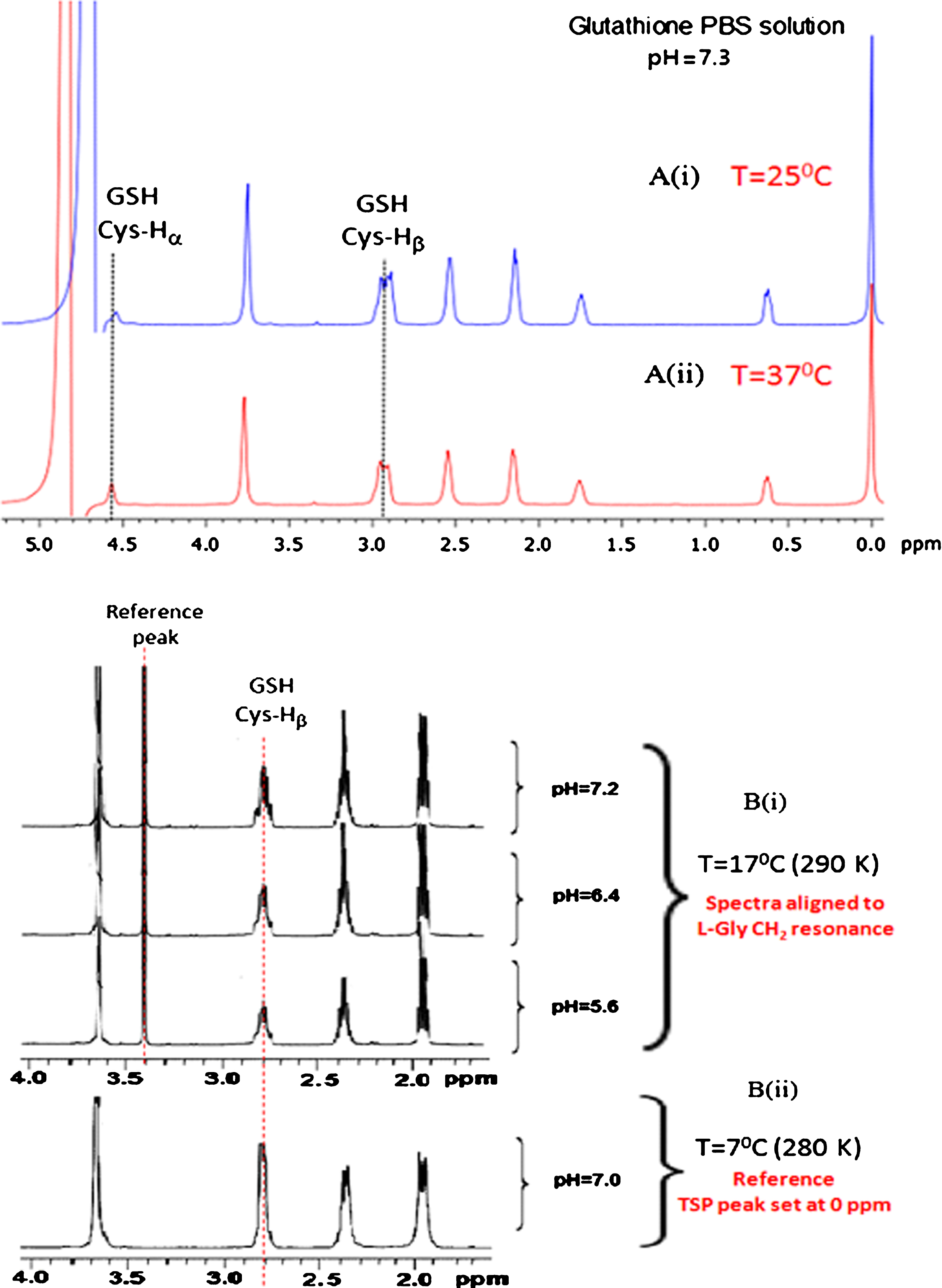 Effect on Cysteine GSH peak positions under varying environmental conditions. (A) 1D NMR spectra of GSH in PBS solution using 500 MHz NMR at different temperatures (i) 25°C, (ii) 37°C, (B) 1D NMR of GSH in nitrogen degassed aqueous solution with different (i) pH 5.6, 6.4, 7.2 at temperature 290 K (17°C), [19] (ii) pH 7.0 at temperature 280 K (7°C). GSH peak positions remain consistent irrespective of pH and/or temperature (copyright permission obtained from the publisher).