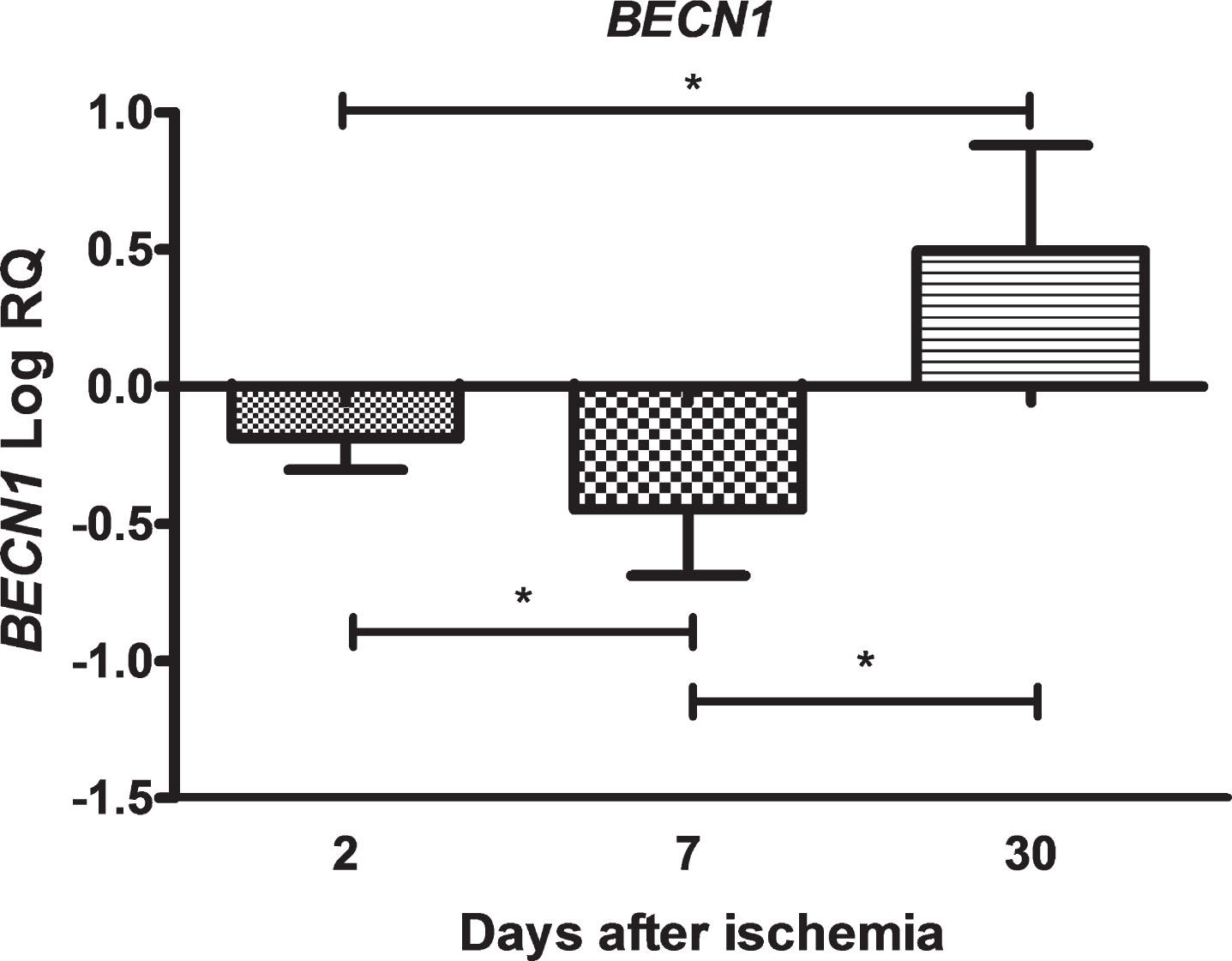 The mean expression levels of BECN1 gene in the hippocampus CA3 area in rats 2 (n = 8), 7 (n = 8), and 30 (n = 8) days after brain ischemia. Marked SD, standard deviation. Indicated statistically significant differences in levels of gene expression between 2 and 7 (z = 3.129, p = 0.0052), 2 and 30 (z = 3.845, p = 0.0003), and between 7 and 30 (z = 5.336, p = 0.00001) days after ischemia (Kruskal-Wallis test). *p≤0.01.