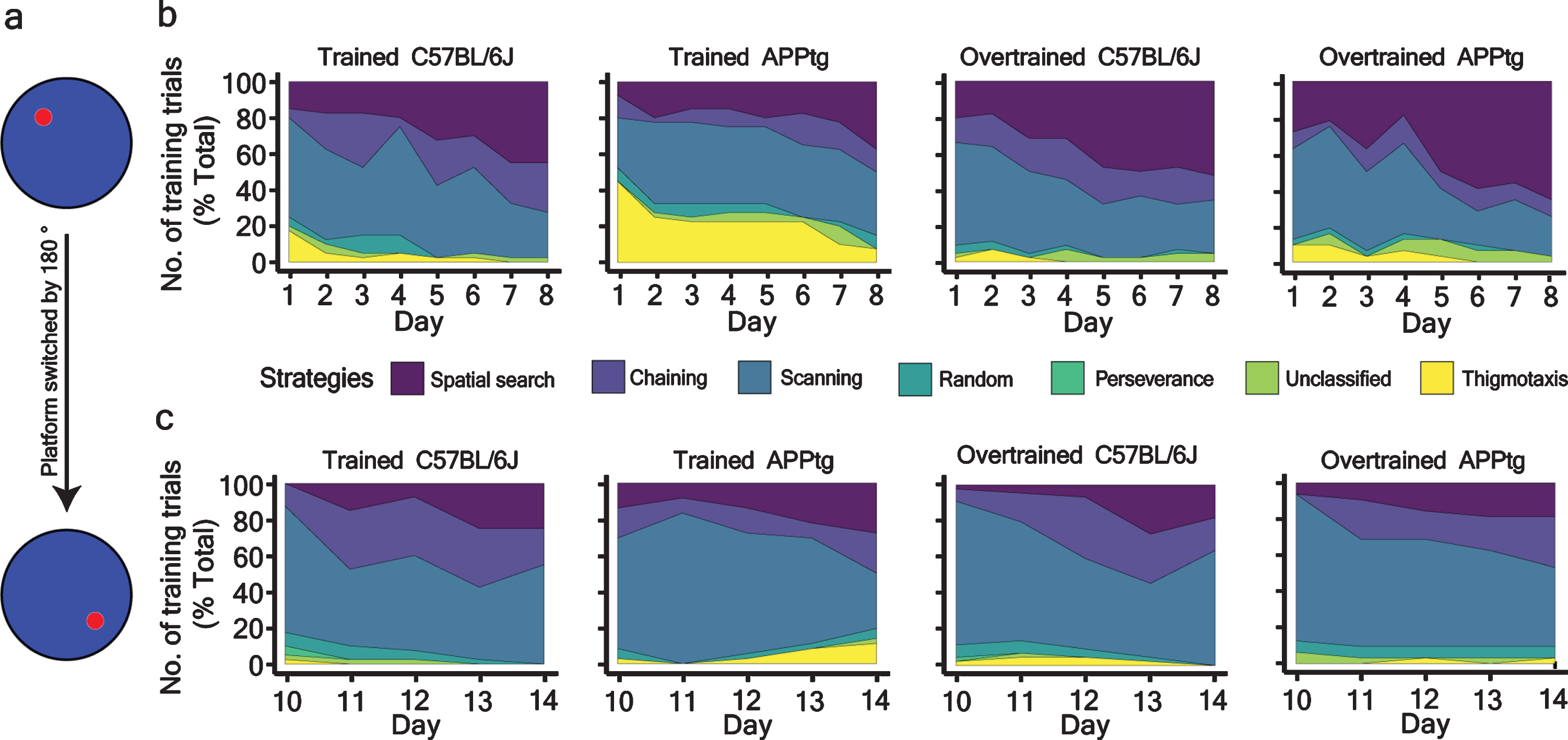 Percentage-stacked-area plot of different strategies adopted by different groups of 7-month-old mice. a) Schema showing the platform position during the WM task and WM reversal task. b) and c) strategies adopted by mice as a function of training trials during the WM task and WM reversal task.