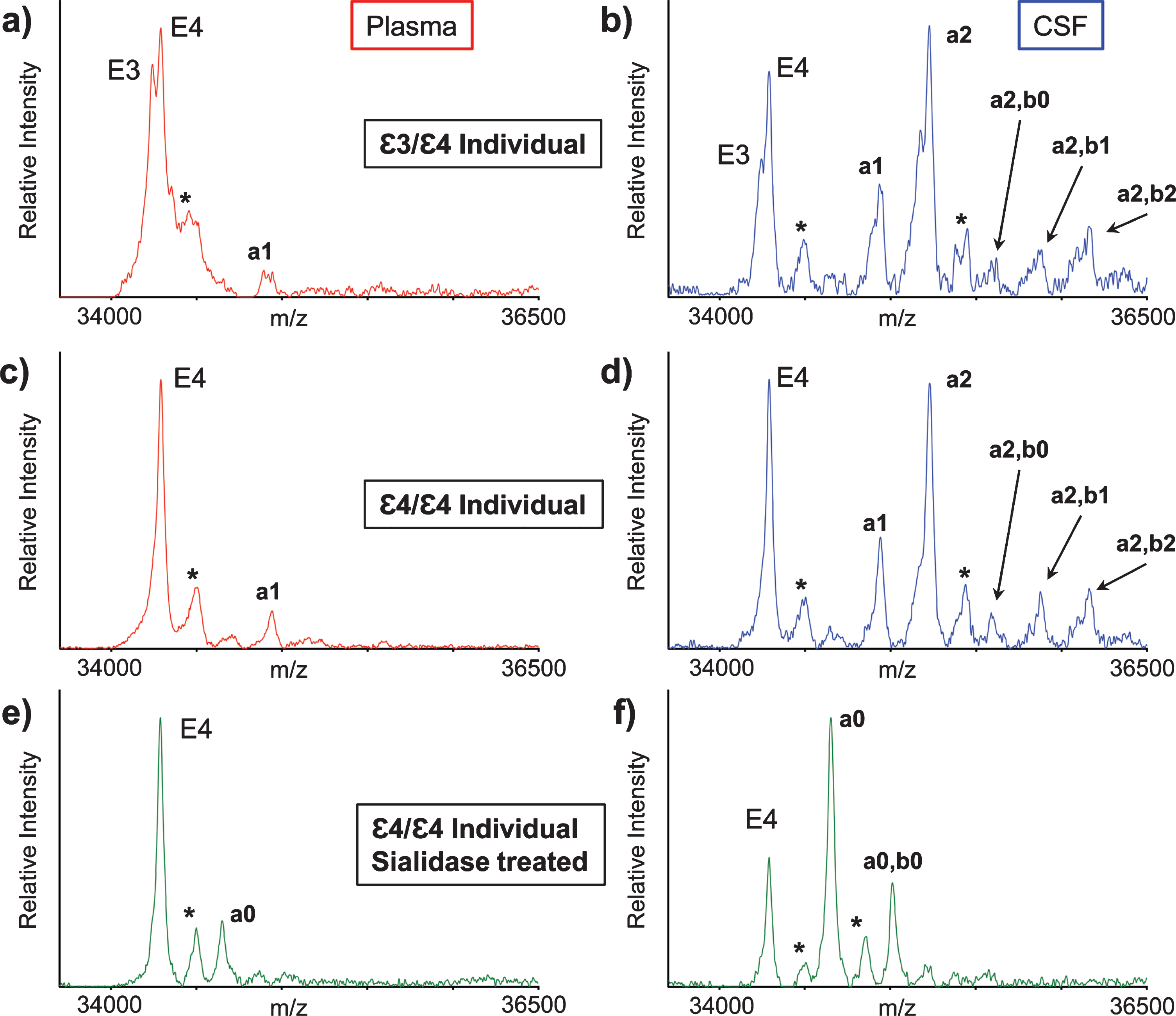 Mass spectra resulting from the analysis of the matched plasma and CSF from a heterozygous ɛ3/ɛ4 individual (a, b) and a homozygous ɛ4/ɛ4 individual (c, d). Mass spectra after sialidase treatment of plasma and CSF samples from the ɛ4/ɛ4 individual (e, f). Matrix adduct peaks are labeled with *. For the glycan peak labeling, structure, and predicted masses, see Table 1.