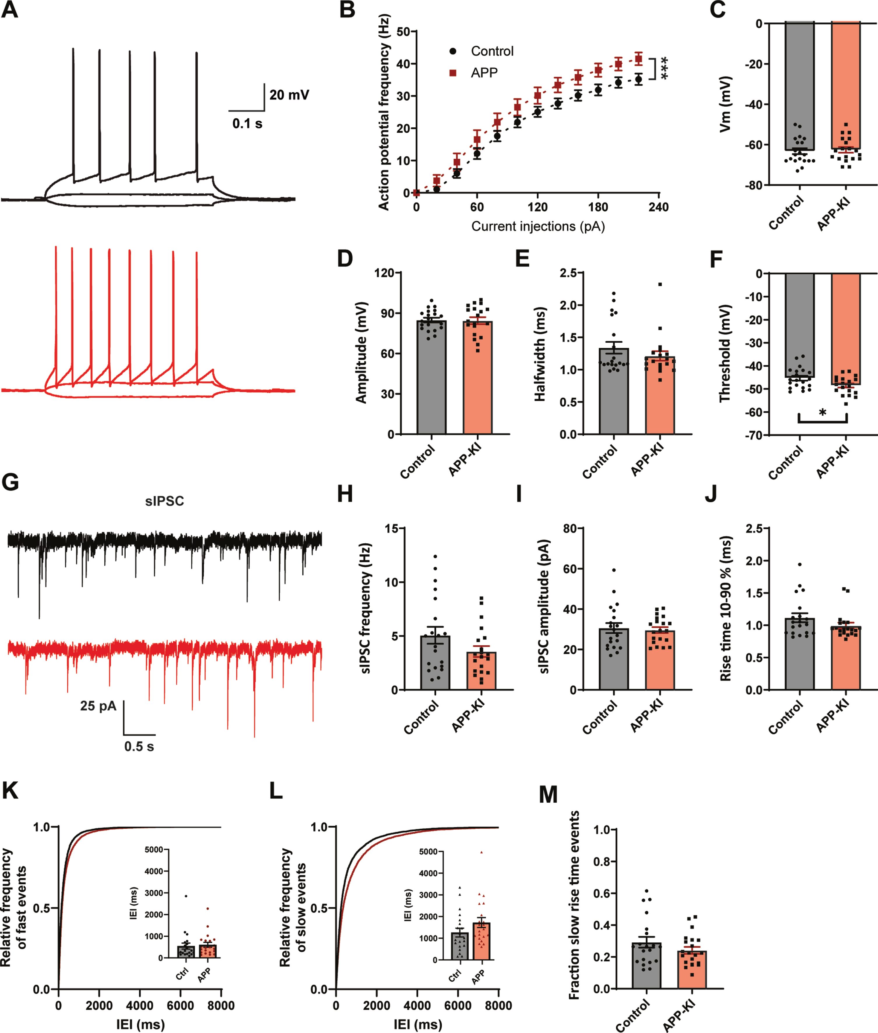 Increased excitability and mild changes IPSCs in APP-KI mice. A) Representative traces of current injections in CA1 pyramidal neurons of control (black) and APP-KI (red) slices. B) APP-KI cells were able to fire action potentials at a higher frequency than control cells at increasing current injections (p < 0.0001 2w ANOVA). C) Resting membrane voltage of CA1 pyramidal neurons (p = 0.73, t). D–F) Action potential amplitude (D, measured from threshold; p = 0.88, t), AP halfwidth (E; p = 0.71, MW), and AP threshold (F; p = 0.027, t) in APP-KI and control cells. G) Representative sIPSC recording from control (black) and APP-KI (red) slice. H–J) Frequency (H; p = 0.12, t), amplitude (I; p = 0.79, t), and rise time (J; p = 0.18, MW) of sIPSCs in APP-KI and control cells. K-L) Cumulative distribution of inter-event intervals (IEIs) of fast rise time (K) and slow rise time (L) events (p = 0.96 and p = 0.96, Sidak). The inserts show the mean IEI. M) Fraction of sIPSCs with slow rise times in Aβ-treated and control slices (p = 0.21, t). (Data in B–F: control n = 20, N = 9; APP-KI n = 18, N = 7. Data in H–K: control n = 20, N = 9; Aβ n = 20, N = 7).