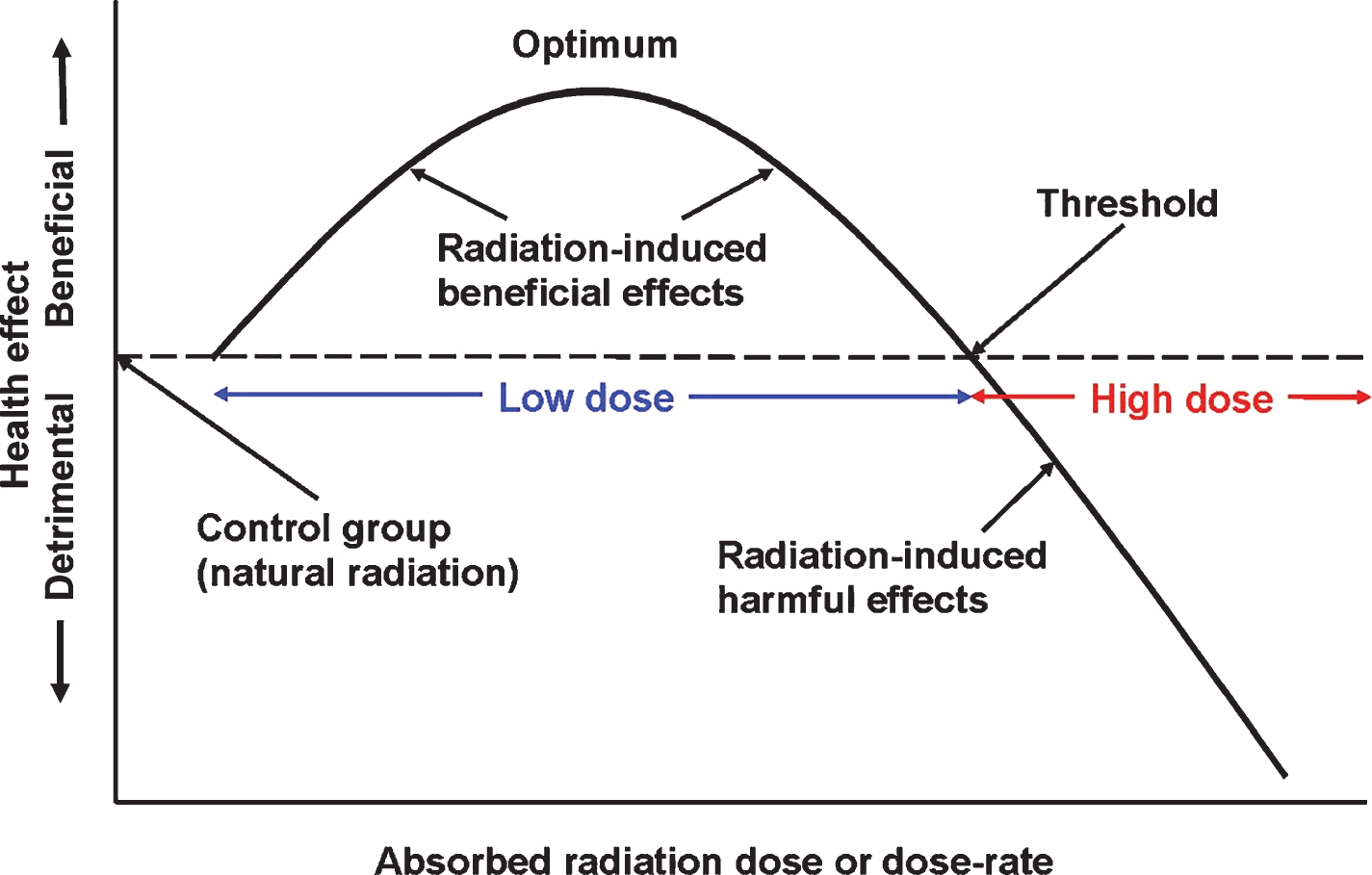 The biphasic dose-response model and the definition of a low dose of radiation. Reprinted with permission from Cuttler JM [20], © 2020 SAGE Publications and adapted for this publication. Reference [35], Fig. 1 suggests that optimal radiation-induced stimulation of the protection systems occurs when the dose is between 0.1 to 0.5 Gy. The threshold for adverse effects due to an acute exposure (dose fraction) of the brain is about 3 Gy.