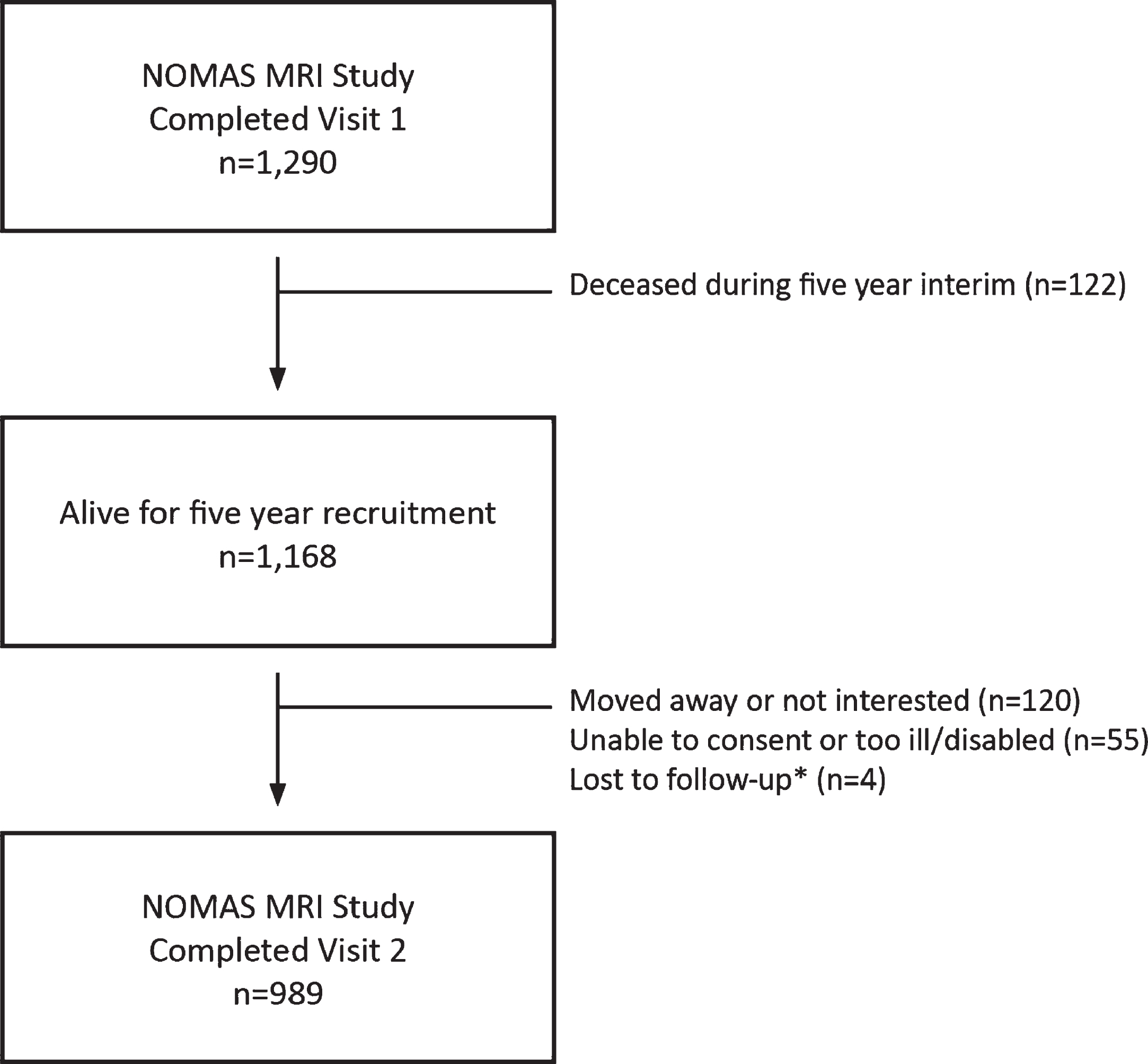 Flow chart showing NOMAS MRI sample participation in first and second in-person assessments. *Loss to follow-up may be temporary as attempts to recontact continue.