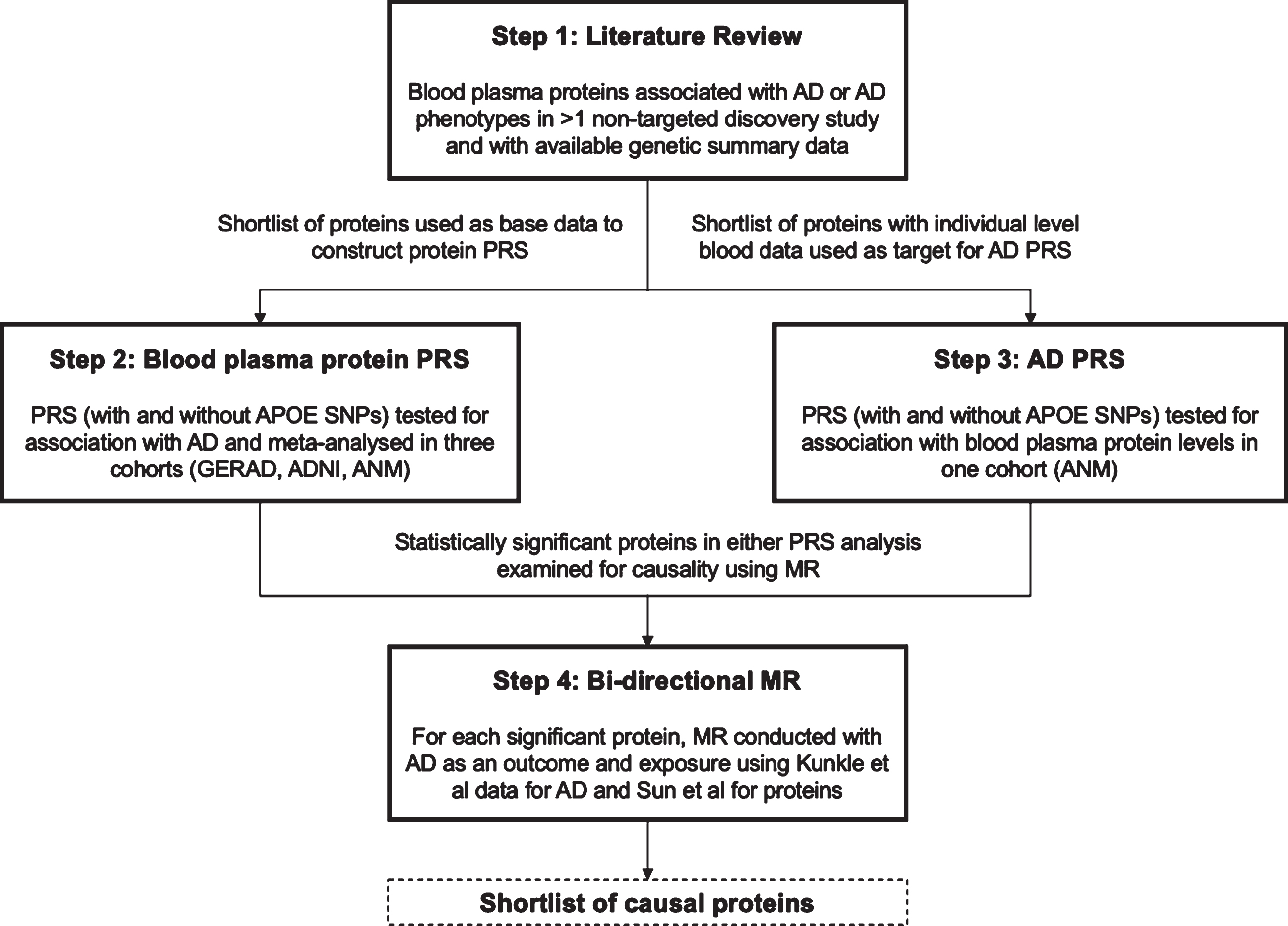 Illustrative overview of study design outlining the four key steps in the study workflow: literature review, plasma protein PRS, AD PRS, and bi-directional MR.