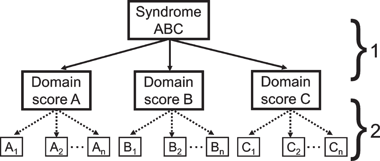 Two levels of factor analyses of the Neuropsychiatric Inventory. 1) The syndrome level is where the majority of the NPI factor analytic studies has taken place. The aim of this research is to explore whether latent variables (syndrome ABC), often called a syndrome, would underlie the correlations between different domain scores (A, B, C) of the NPI. These studies implicitly assume that the domain scores can be used as useful indicators for a latent variable. This is the level of factor analytic research reviewed by Canevelli et al. [48]. 2) The subquestion level is critical for establishing structural validity, but it has not been extensively studied, indicated by the dashed lines. The aim of this research is to show that the subquestions (e.g.., A1, A2,  ...   An) address a unidimensional construct (the one suggested by the screening question), justifying their use in scoring the domain. Structural validity studies can reveal, for example, that the relationships between subquestions and the latent construct are not strong enough, that the subquestions under a single domain address more than one construct like in the study by Gallo et al., or that subquestions from a domain could reflect some other construct instead, or in addition to, the one it is intended to. To explore potential cross-loadings (e.g., C1 to domain C and A), asking all subquestions from the informant without screening questions is required.