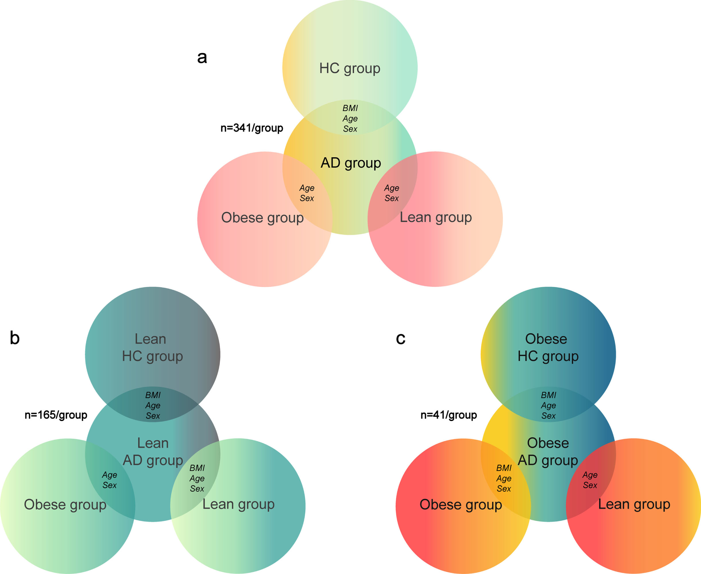 Matching algorithm for a) full sample; b) sample of lean patients with Alzheimer’s disease (AD); c) sample of obese patients with AD. HC, healthy controls; BMI, body mass index