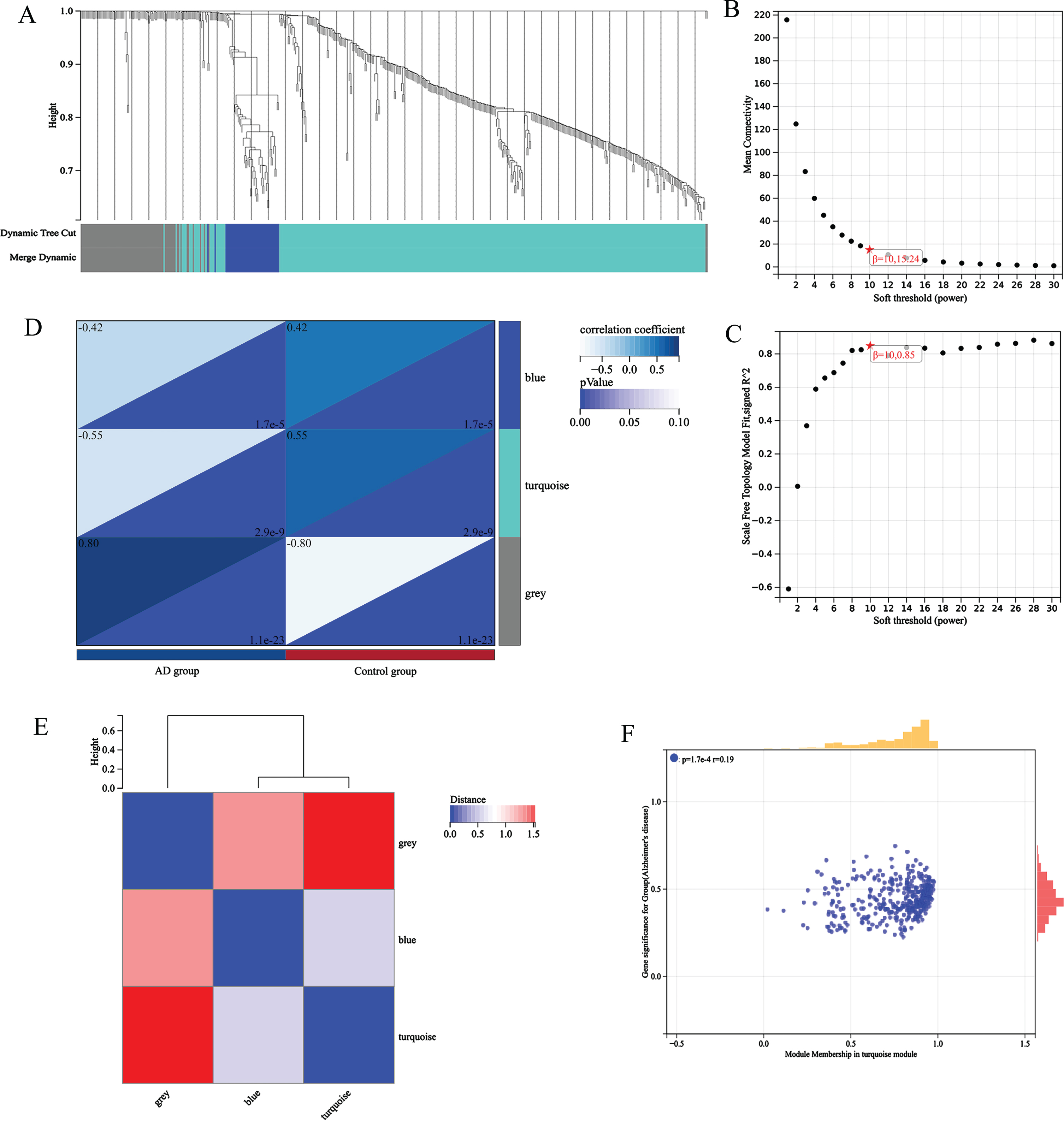 A) sample clustering; B) Scalar independence; C) average connectivity; D) module-phenotype correlation heat map; E) module feature vector clustering; F) turquoise module’s GS and MM correlation scatter plot.