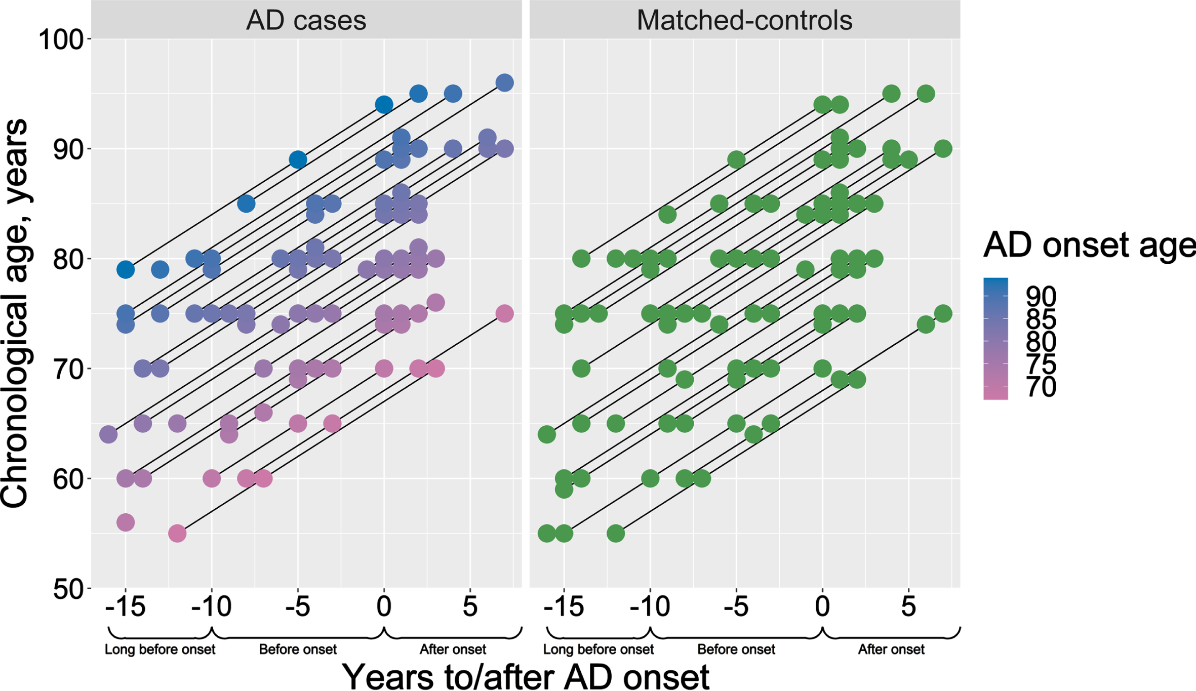Description of the study design. Chronological age and AD onset age of the selected AD cases (pink-to-blue) and their respective sex- and age-matched controls (green). Y-axis presents the participants’ chronological age at blood sampling, and the color scale bar represents the age of AD onset. X-axis represents the time-scale, where blood samples for the DNAm analysis were selected aiming three time-points: long before (–16 to –10 years before AD onset), before (–9 to –3 years before AD onset) and after AD onset (0 to 7 years after AD onset).
