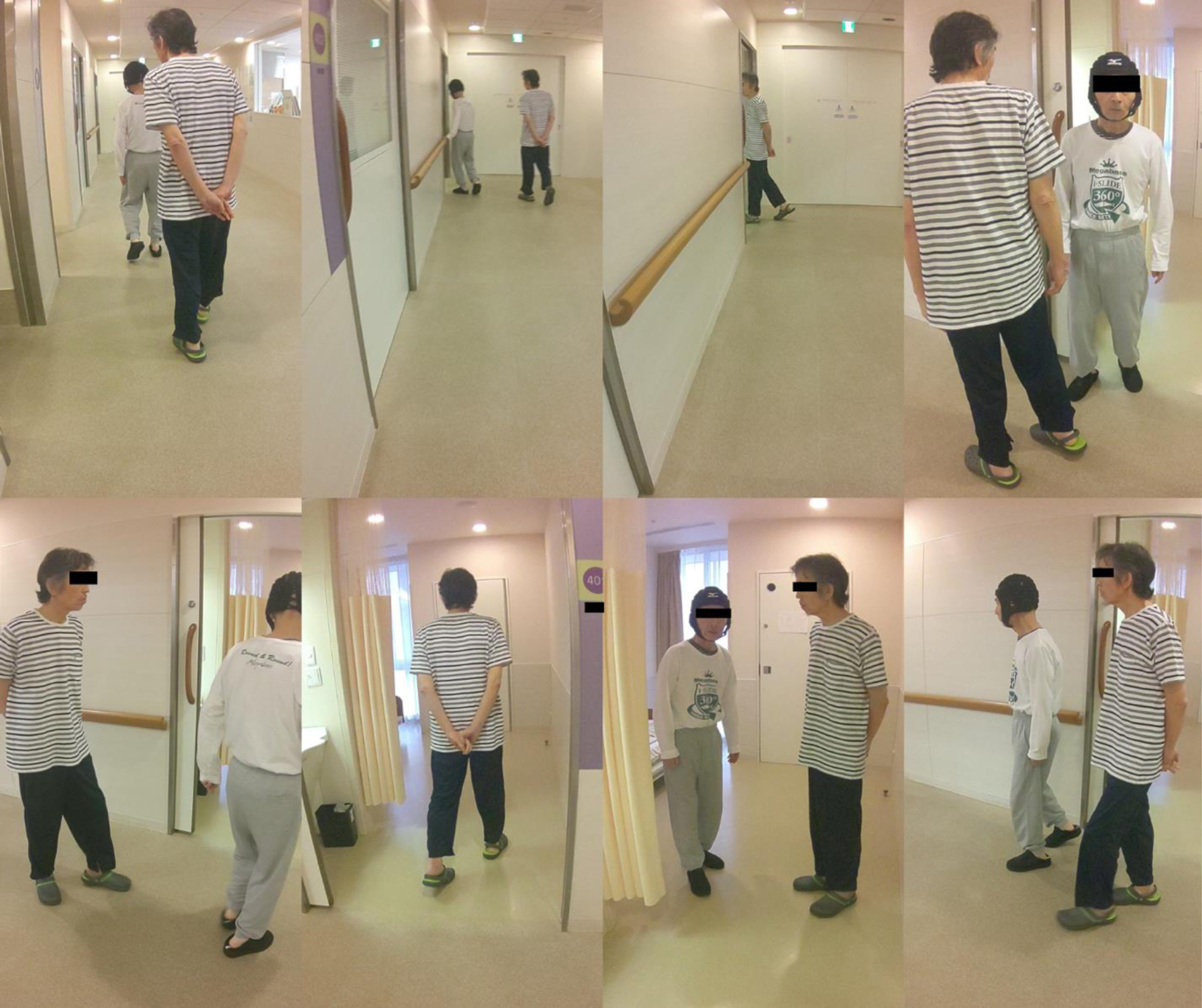 Shadowing behavior. The patient wearing a striped shirt shows shadowing behavior. He follows another patient into that room. When another patient leaves the room, he follows him out of the room again.
