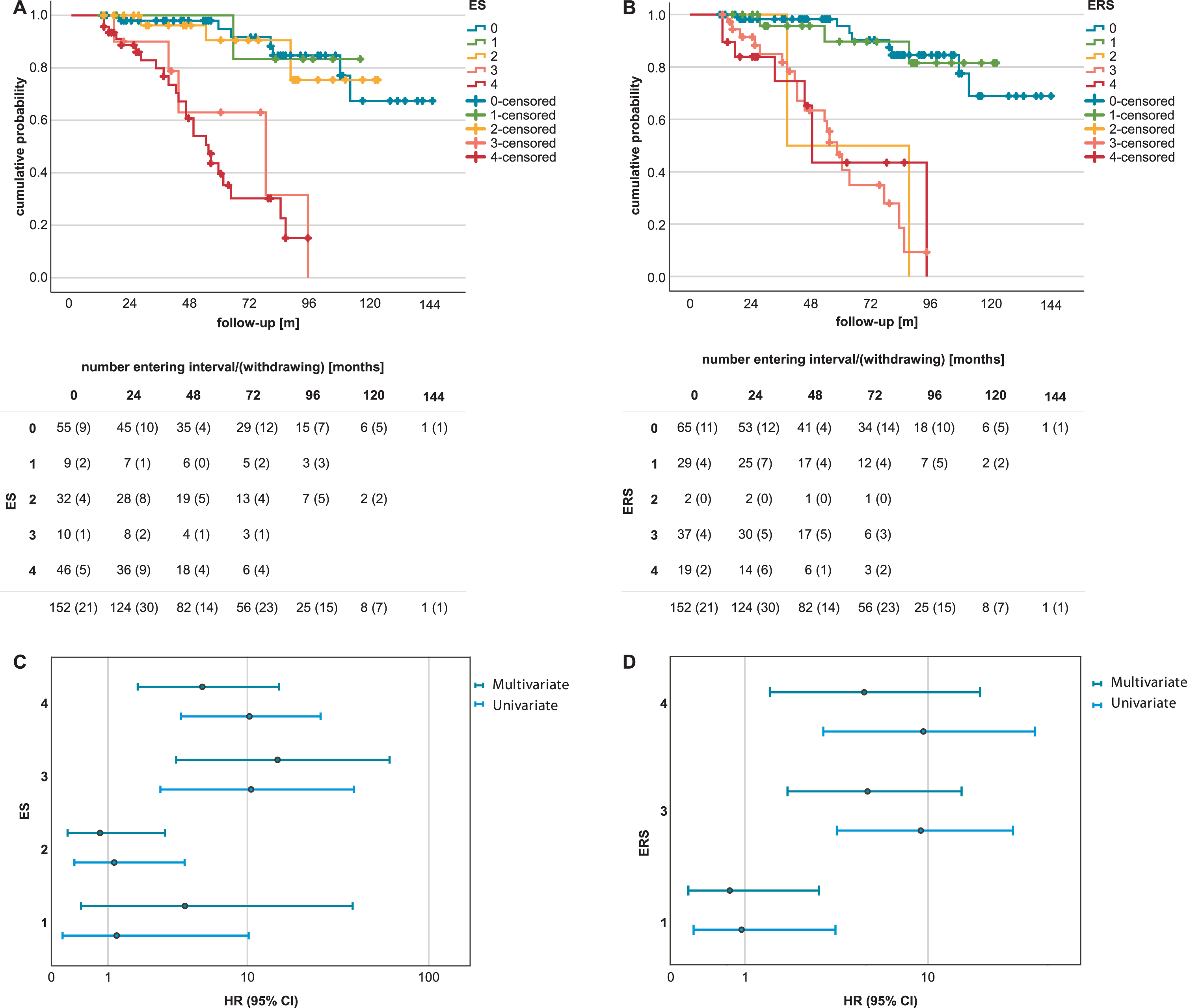 Comparison of dementia risk between the Erlangen Score (ES) and the reconceptualized ERlangen Score (ERS). Kaplan-Meier curves show the risk of dementia onset in nondemented individuals by ES (A) and ERS groups (B). Nondemented individuals with an ES of 1 or 2 showed no increased risk of dementia onset compared with controls. For both ES and ERS, dementia risk was increased in groups 3 and 4. This was confirmed when comparing hazard ratios for the occurrence of dementia between groups 1 to 4 versus the control group in a univariate and a multivariate Cox regression model with age, education and MMSE at baseline as covariates for the ES (C) and the ERS (D).