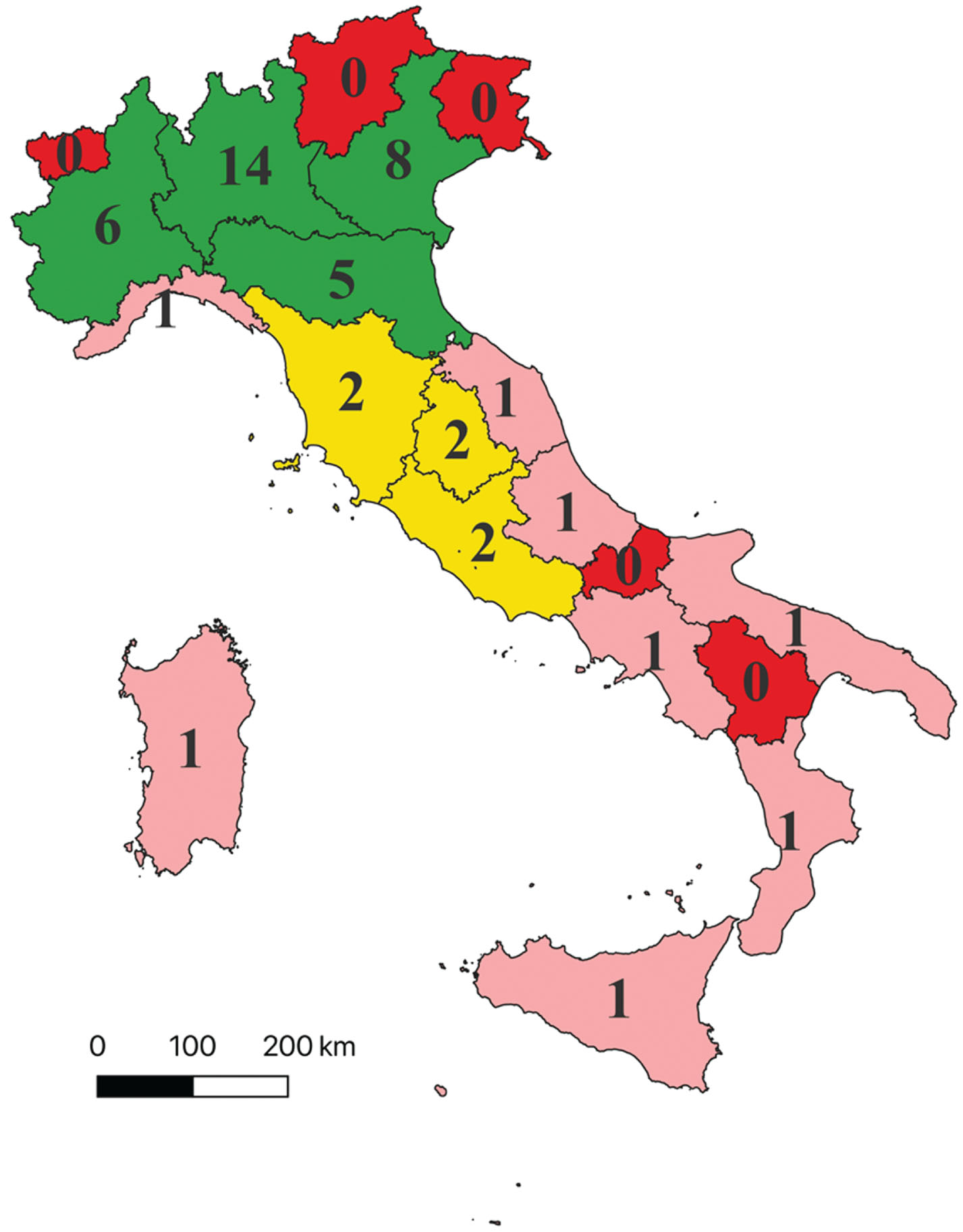 Distribution of Italian CCDDs encountering requirements for effective disease-modifying therapies prescription. The figure displays the distribution of the 47 CCDDs that meet the specified requirements for effective prescription of disease-modifying therapies. These requirements include a multidisciplinary team, a minimum core test for neuropsychological assessment, amyloid PET, CSF, and Brain MRI assessment. Legend: – Red: Indicates regions with no CCDDs meeting the elective requirements. – Pink: Represents regions with 1 CCDD meeting the elective requirements (first and second quartile of the distribution, excluding regions without elective CCDDs). – Yellow: Denotes regions with 2 CCDDs meeting the elective requirements (third quartile of the distribution, excluding regions without elective CCDDs). – Green: Signifies regions with more than 2 CCDDs meeting the elective requirements (fourth quartile of the distribution, excluding regions without elective CCDDs).