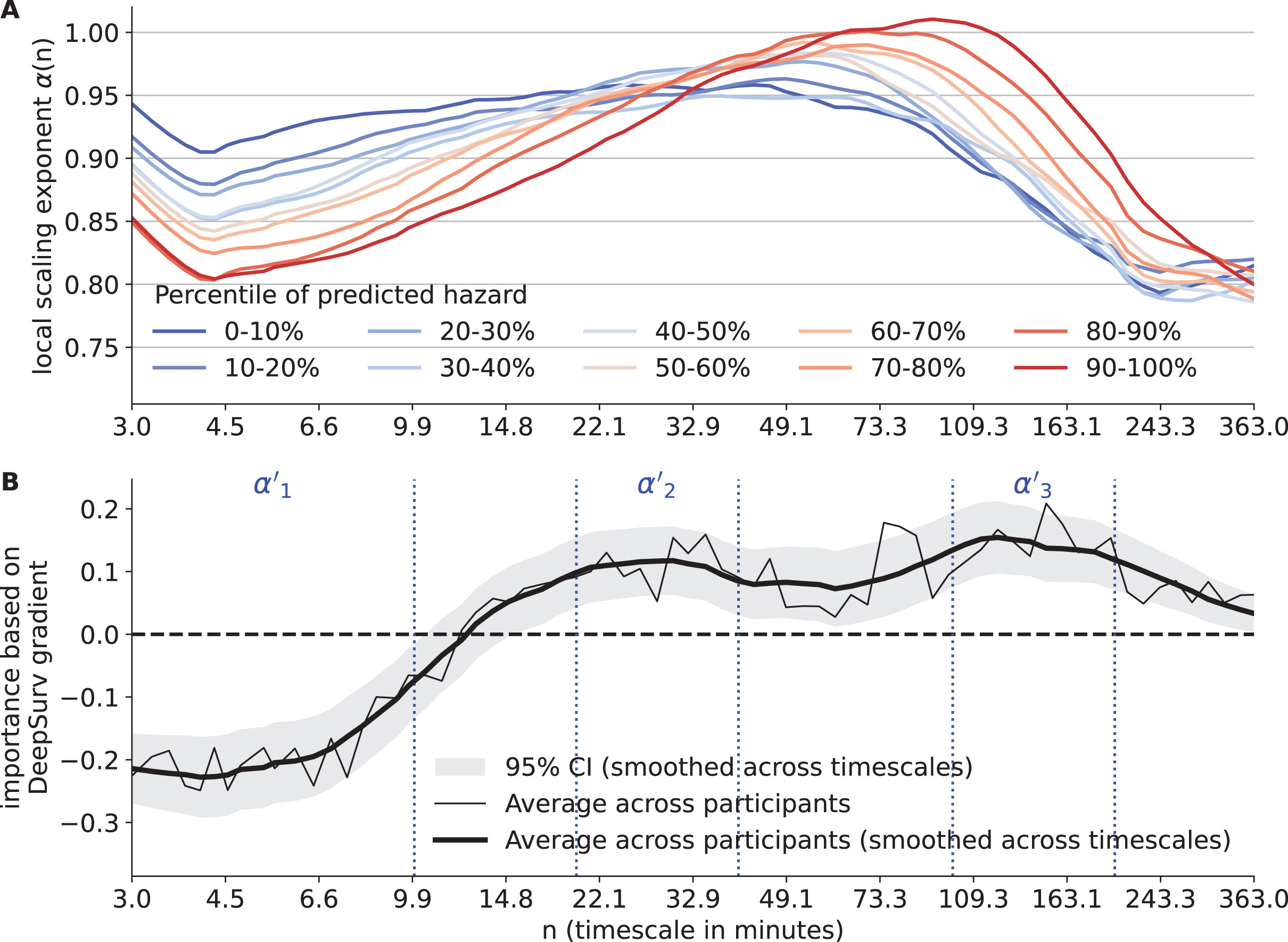 Results of deep learning for survival analysis. A) The average local scaling exponents α(n) of participants stratified by percentile of predicted hazards. The predicted hazards are obtained after adjusting for the covariates. The x-axis represents timescale n (in min). B) The importance based on the DeepSurv gradients for each local scaling exponent. The data were the averages of all participants. Both the raw (thin solid line) and smoothed curves (thick solid line) are shown. The horizontal dashed line indicates importance of 0, i.e., no effect. The vertical dashed lines indicate the borders of the three candidate timescales represented by α’1, α’2, and α’3.