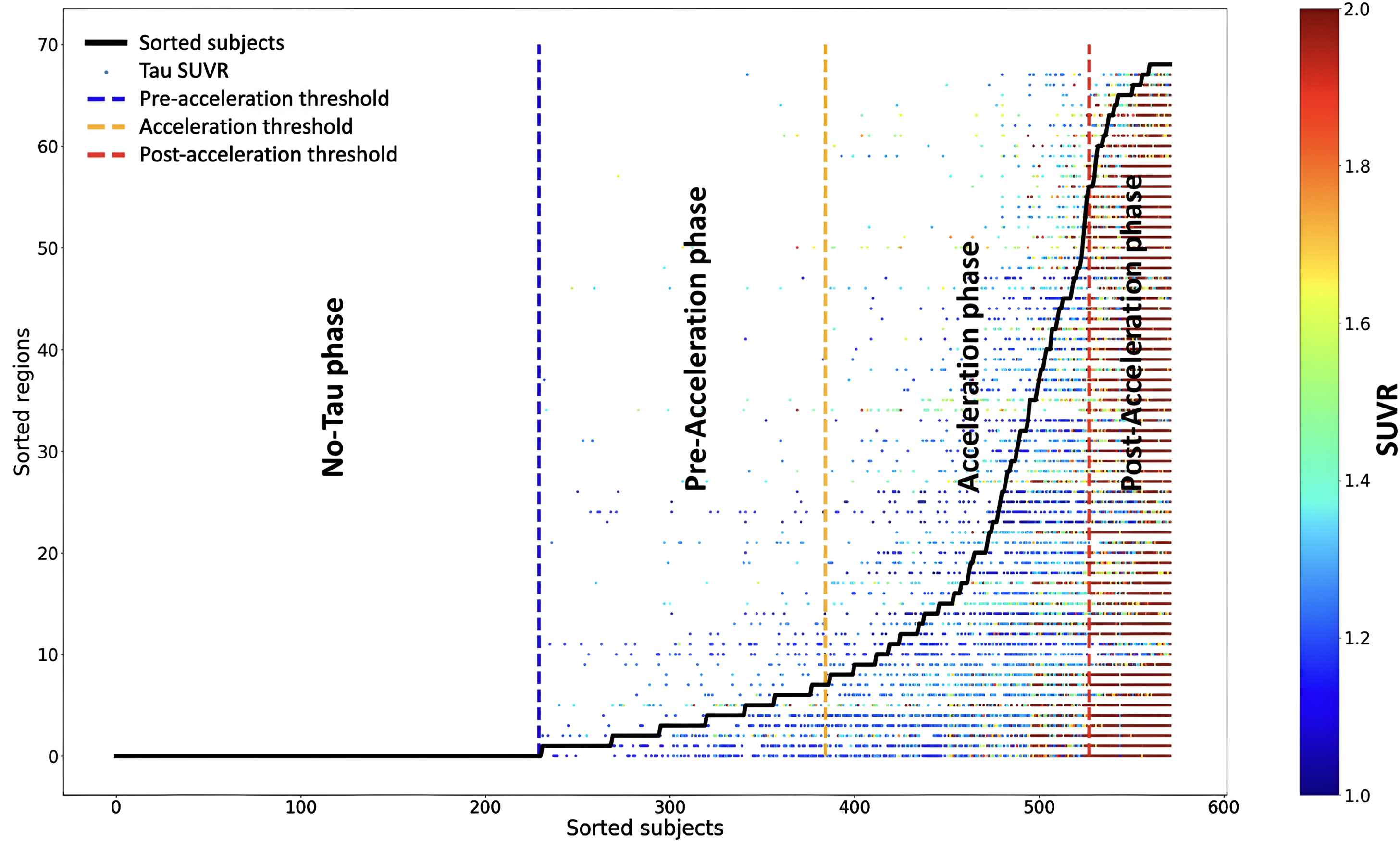 The sequence of tau deposition in 572 elderly subjects based on young subjects’ regional cut-points. Subjects were sorted based on the number of tau-PET regions that exceeded the regional cut-points in the x-axis. Regions were also sorted by frequencies exceeding the regional cut-point across all subjects in the y-axis. The tau SUVR for the regions that exceed the regional cut-point is color-coded with a heat map; the blue color indicates the tau SUVR value equals 1, and the red color indicates the tau SUVR value higher than 2. Three thresholds were defined to separate the subjects into regions into four phases: no-tau, pre-acceleration, acceleration, and post-acceleration.