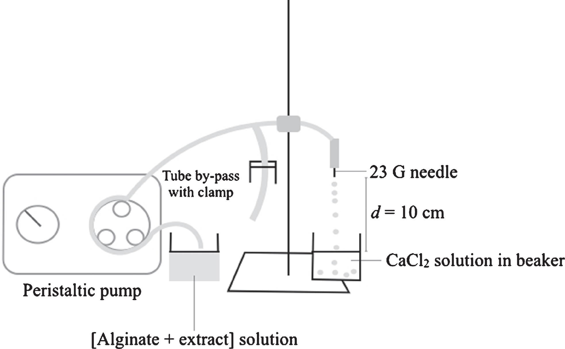 Diagram of the system used for the preparation of alginate microparticles. A tube by-pass with clamp was used for further adjustment of the flow-rate.