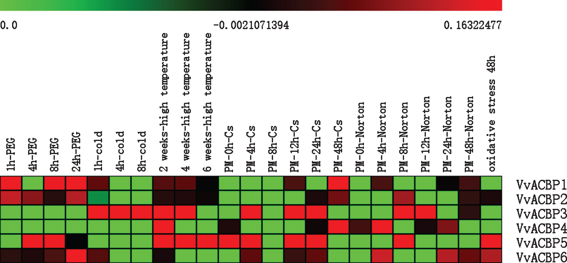 Expression profiles of VvACBP genes identified in PLEXdb. The intensity of expression is represented in the colored bar at the top of the chart. Expressed under conditions listed in the middle. The scale bars represent values from 0 to 0.23060082.