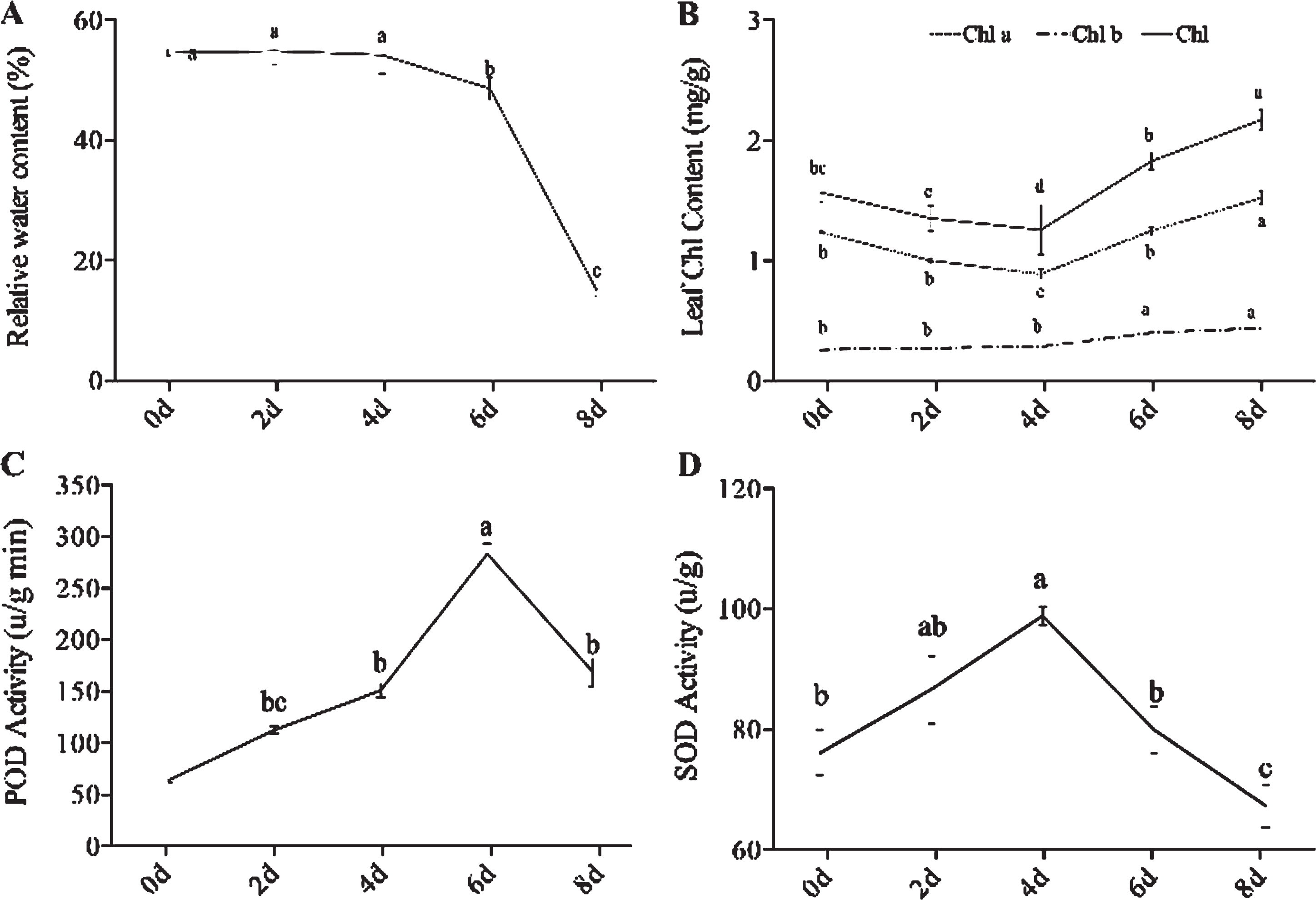 The biochemical and physiological traits of grapevine under drought stresses. (A) Leaf relative water content (RWC); (B) Leaf Chlorophyll content; (C) POD activity; (D) SOD activity. Values are the means±SE of three replicates for each, and bars with different letters are significantly different at P < 0.05 according to T-test.