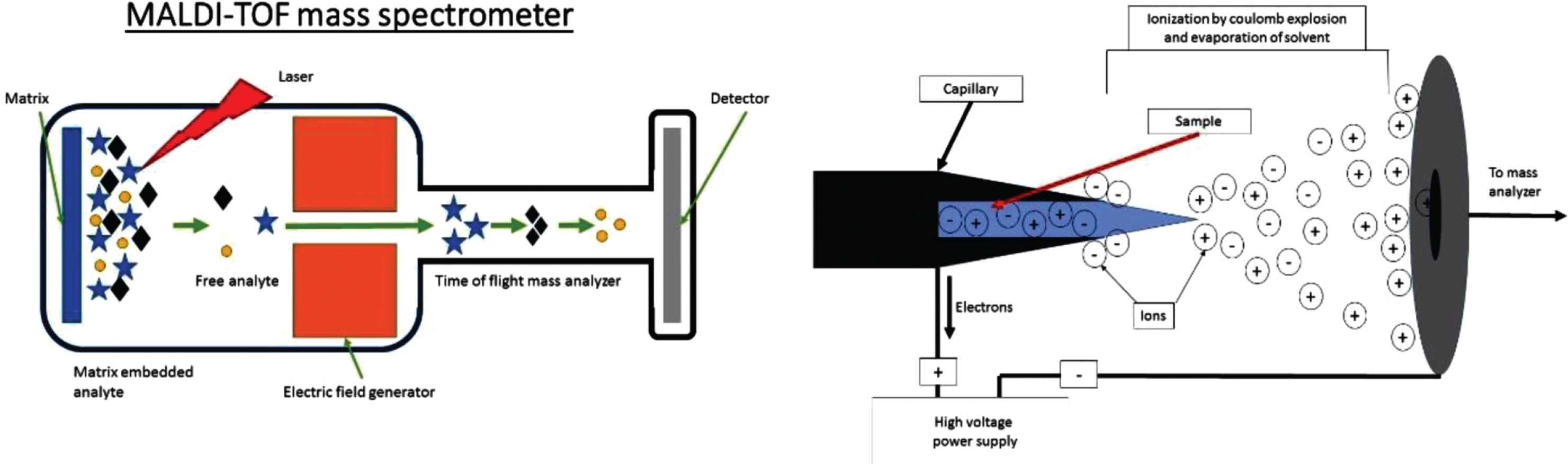 A) Crude schematic of a MALDI TOF MS set up with the three essential components; Ion source, mass analyzer (electric or magnetic field) and a detector. For MALDI the sample is on a solid support. B) Crude schematic of the Ionization chamber of an ESI mass spectrometer. The sample enters the chamber as a liquid through a capillary. The sample is then aerosolized by the high voltage. Note the charge can be manipulated to select for either positive or negatively charged ions which are sent to mass analyzer and detector as in A.