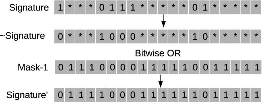 Signature′ generation with bitwise OR of signature complement and Mask-1.