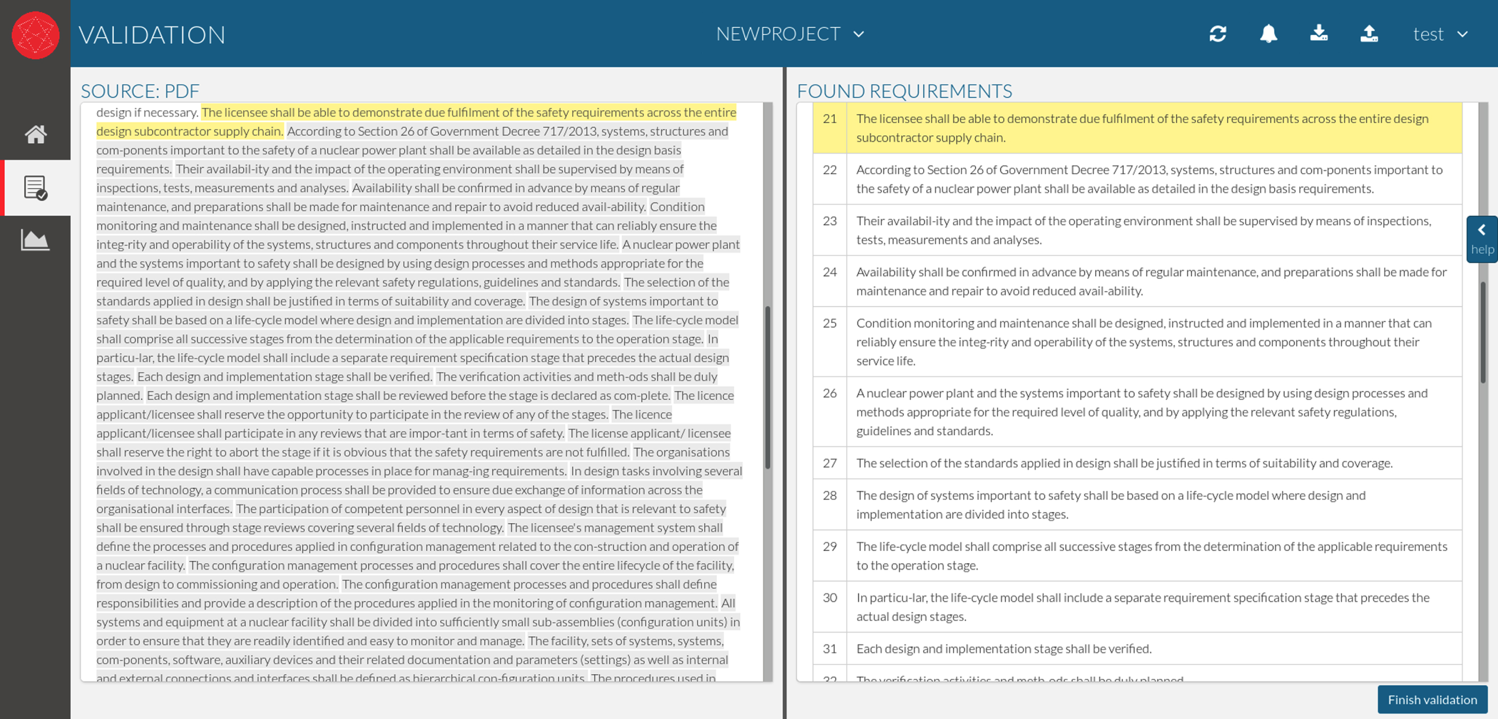 Initial source document with highlighted extracted document on the left and list of extracted requirements on the right with the text extracted from the source document highlighted. (Mokammel et al., 2018).