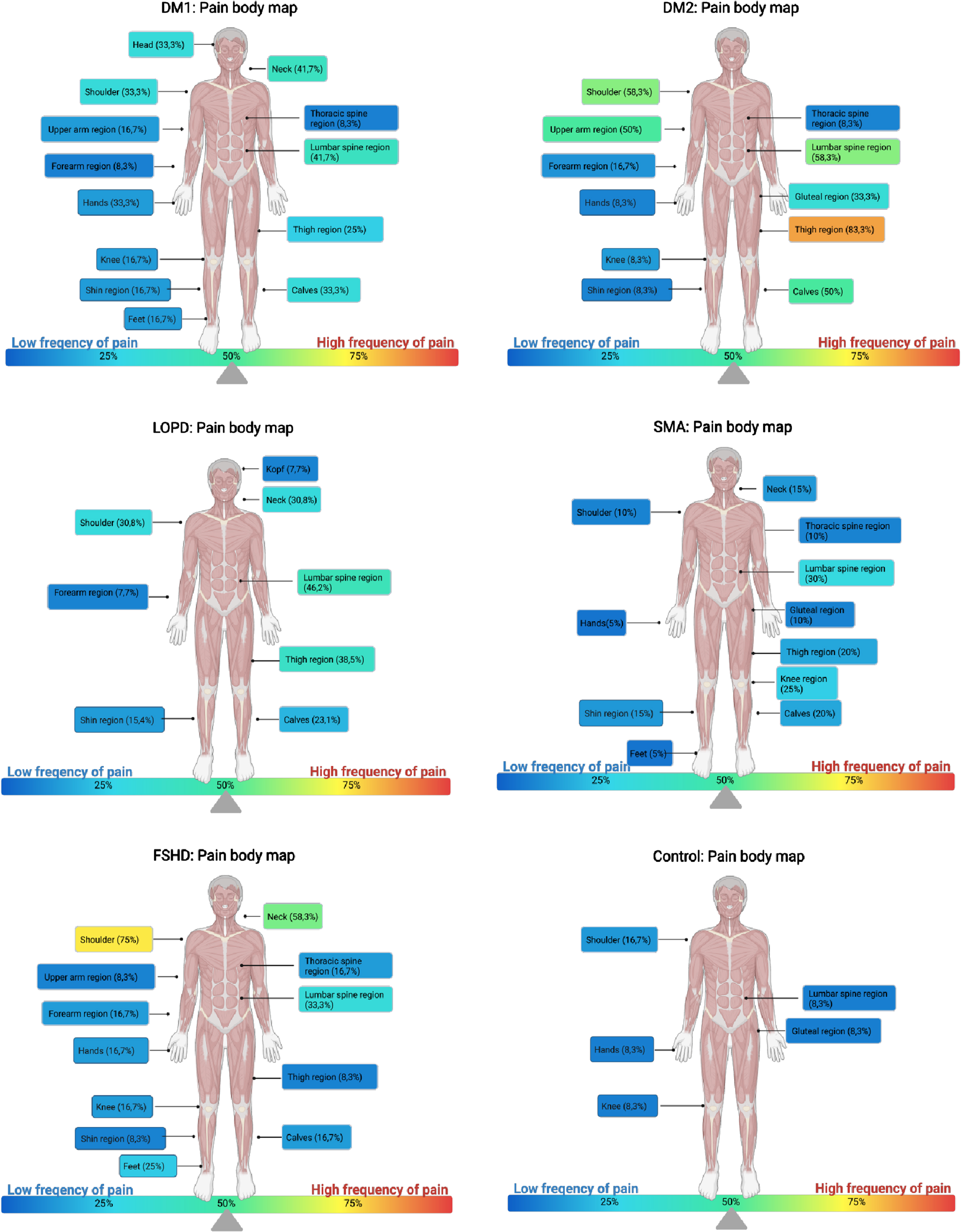Pain body maps for the different subgroups DM1 (picture 1), DM2 (picture 2), LOPD (picture 3), SMA (picture 4), FSHD (picture 5) and the control group (picture 6) indicating the frequency of pain in different colors from a low frequency (blue) to a high frequency (red) in different locations.