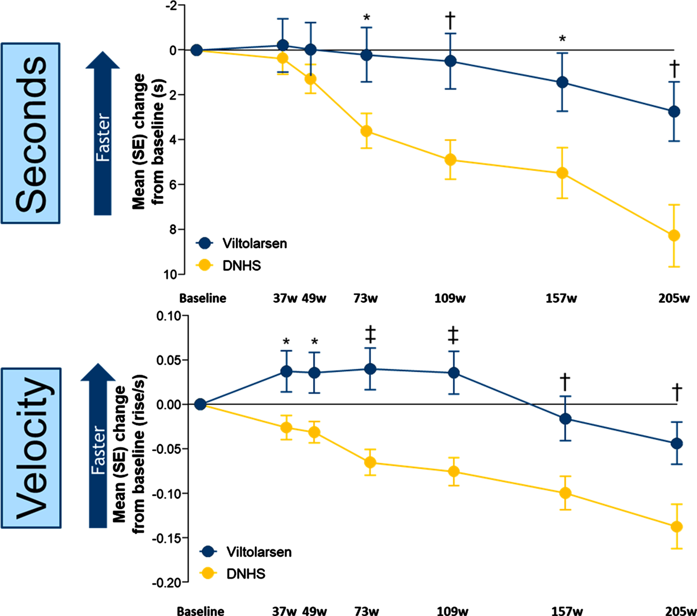 Timed Function Tests: Change From Baseline vs Natural History Controls for TTSTAND. *P<0.05; †P<0.01; ‡P≤0.001. DNHS, Duchenne Natural History Study; s, seconds; SE, standard error; TTSTAND, time to stand from supine; w, weeks. TTSTAND (seconds) Viltolarsen sample size (n): 16, 16, 15, 14, 14, 11, 13. TTSTAND (seconds) CINRG DNHS sample size (n): 65, 31, 57, 24, 24, 14, 10. TTSTAND (velocity) Viltolarsen sample size (n): 16, 16, 15, 14, 14, 11, 14. TTSTAND (velocity) CINRG DNHS sample size (n): 65, 31, 58, 28, 28, 20, 12.