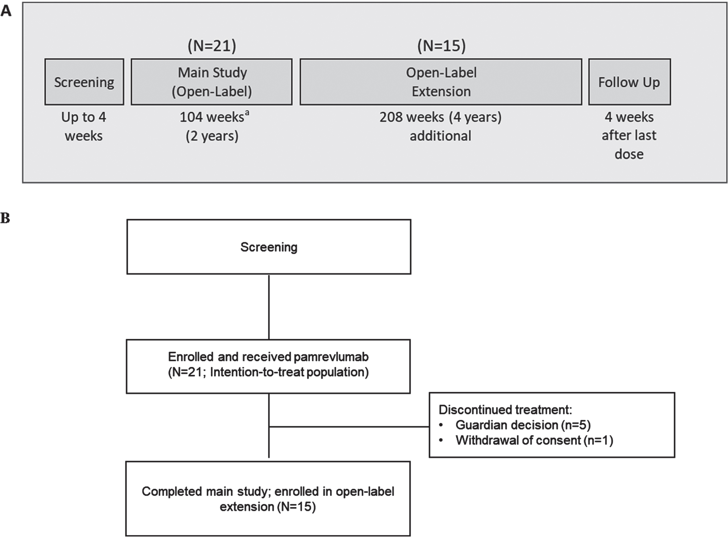 (A) Study design (B) Patient disposition. aTwo patients were in the main study for 206 weeks.