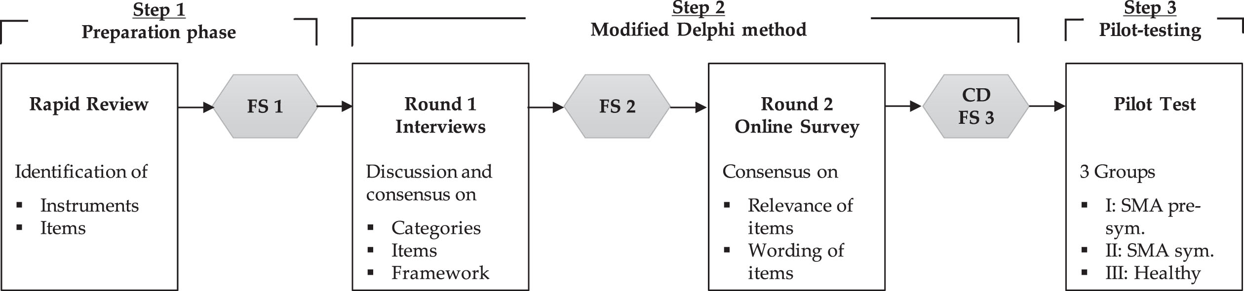 Modified multi-stage Delphi process of the DySMA development; FS = formulation session; CD = cognitive debriefing; sym. = symptomatic.