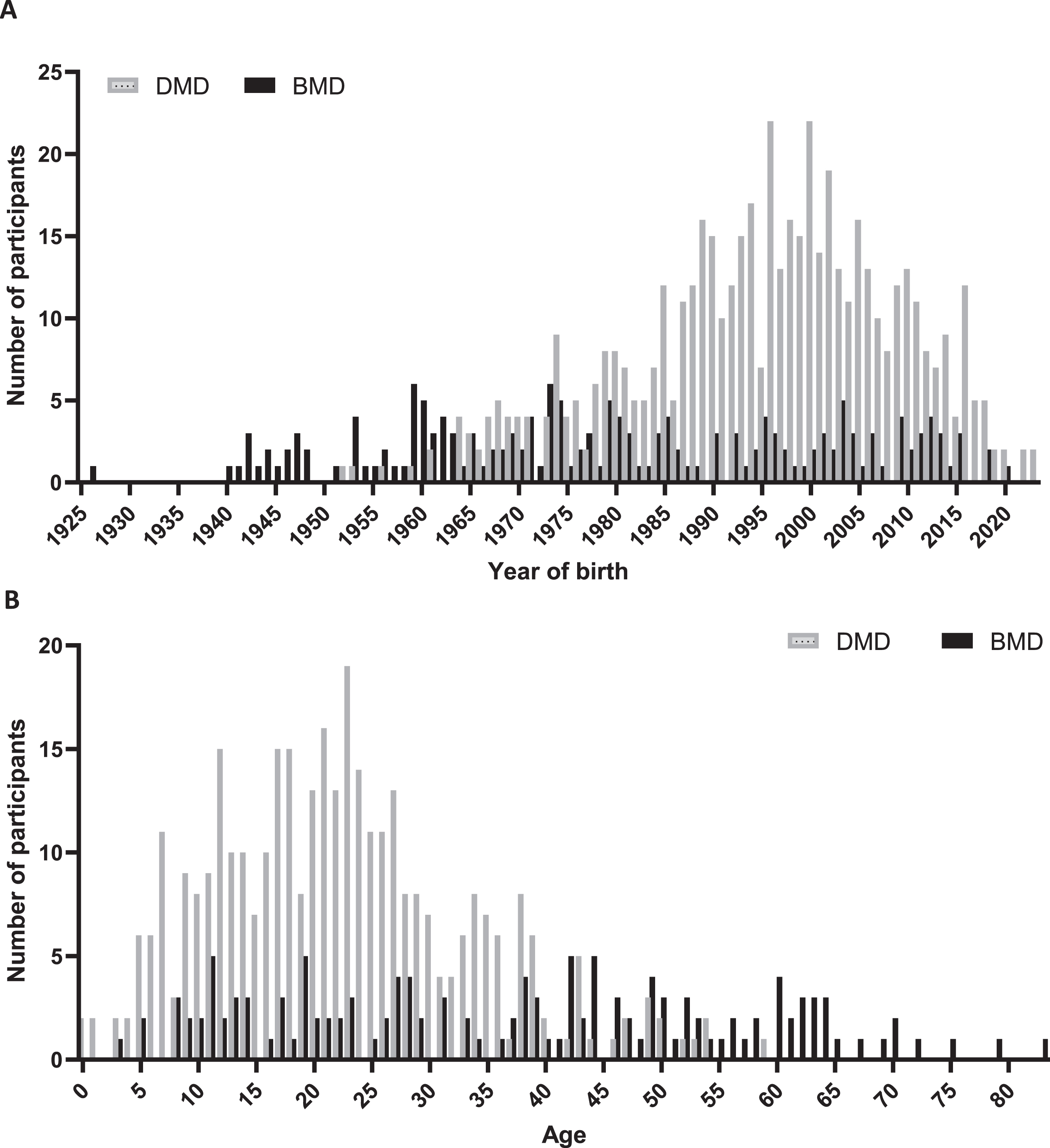 Demographic representation of registrants in the third version of DDD. In panel A, data are categorized by year of birth for 524 DMD (grey bars) and 174 BMD registrants (black bars). In panel B current age is shown for 355 DMD and 135 BMD participants registered as alive on November 1, 2023.