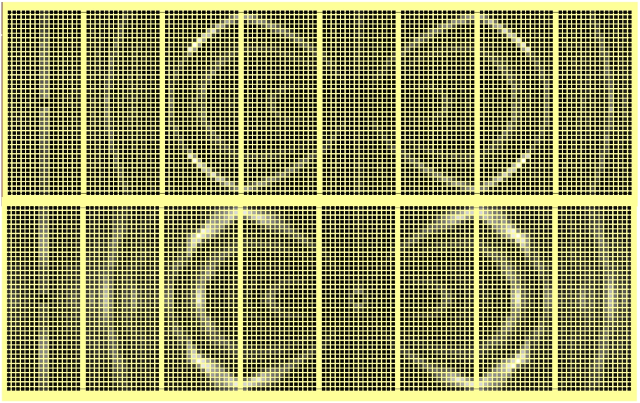 An example of combination of elementary textures to represent a complex texture. Top panel: diffraction pattern in an octagonal detector system of an aluminium foil with a hypothetical ideal fibre texture. Bottom panel: same, with the texture represented by a distribution of mosaic single crystals with uniformly random orientations in the perpendicular plane to the aligned axis.