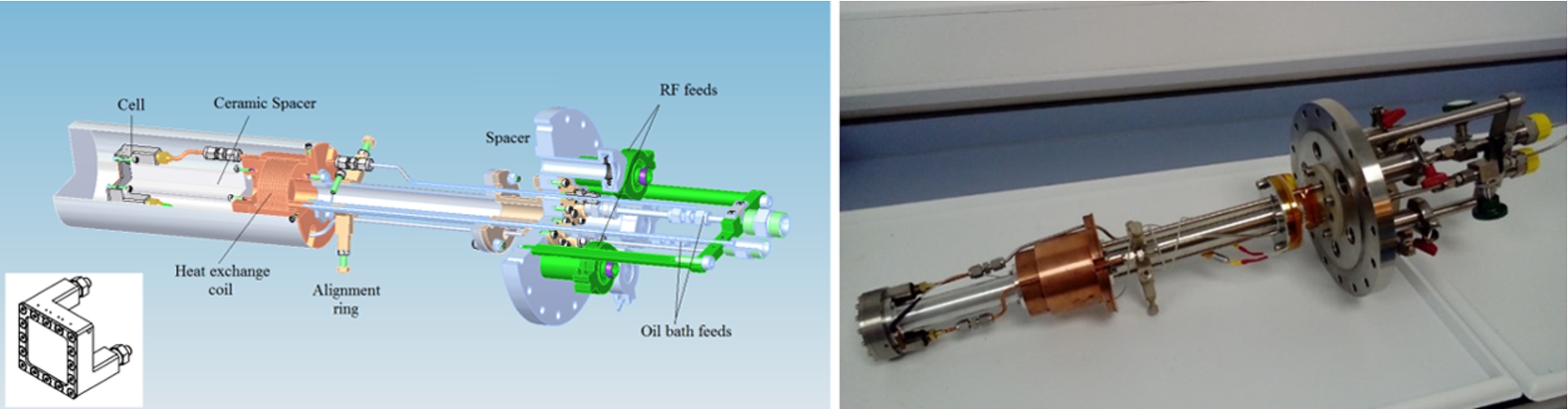 (left) A CAD view of the chemistry insert, showing internal components, and (right) the completed system with the metal cell attached.