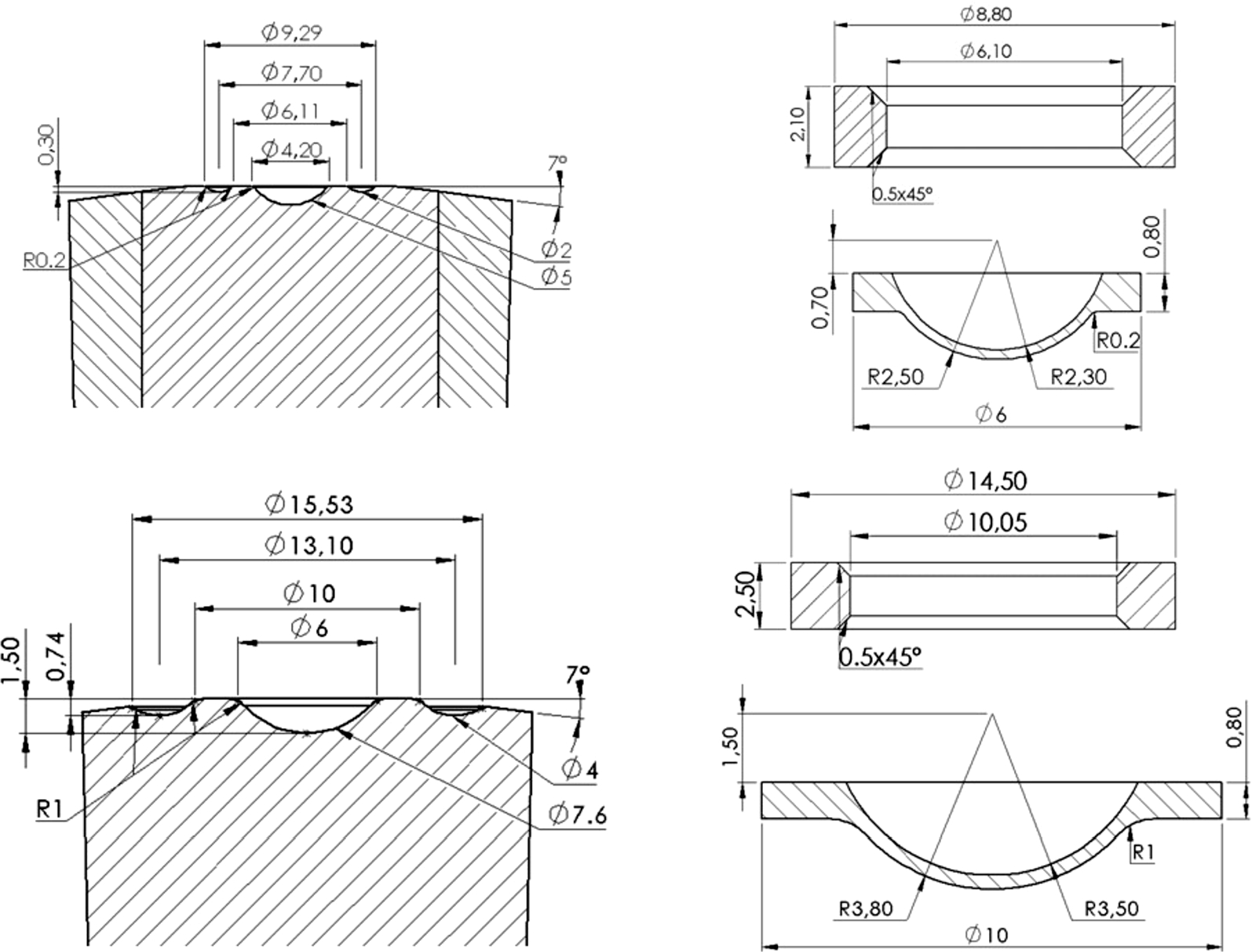 Top row: anvil profile (left) and corresponding gaskets (right) for sintered diamond anvils presented in this work (“SD SINE anvils”). Bottom row: standard single-toroidal profile & gaskets for comparison.