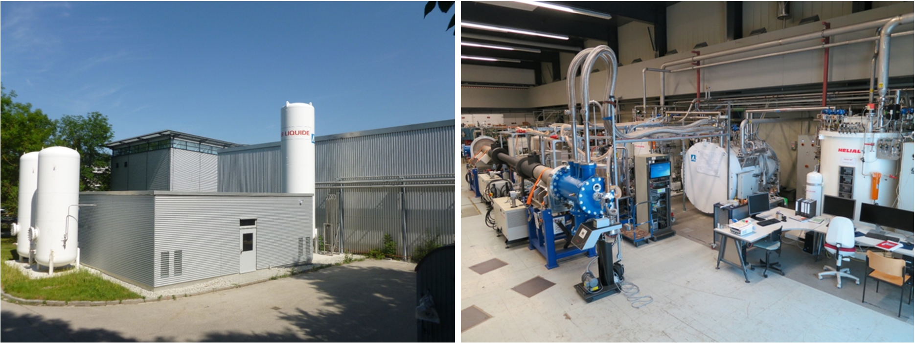 Left: at the south side of the MLL building a 70 m2 wide and 3.7 m high housing for two helium compressors and their oil removal system has been build. The two vessels on the left are filled with gaseous helium, the vessel on the right contains liquid nitrogen. Right: two conventional cooling machines (right hand side of the picture) produce liquid helium, which is supplied to a third cold box to remove the heat from a closed cooling loop with supercritical helium. A 1:1 rebuild of the beam tube SR6 (left hand side of the picture), together with all inpile parts of the UCN source, has been set up.