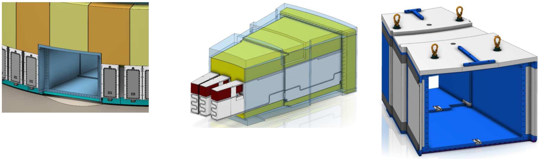 Large beam port in ESS shielding monolith. Left: front view on NNBAR port block included in the monolith, middle: NNBAR insert filled with three NBPI’s; right: NNBAR port block.