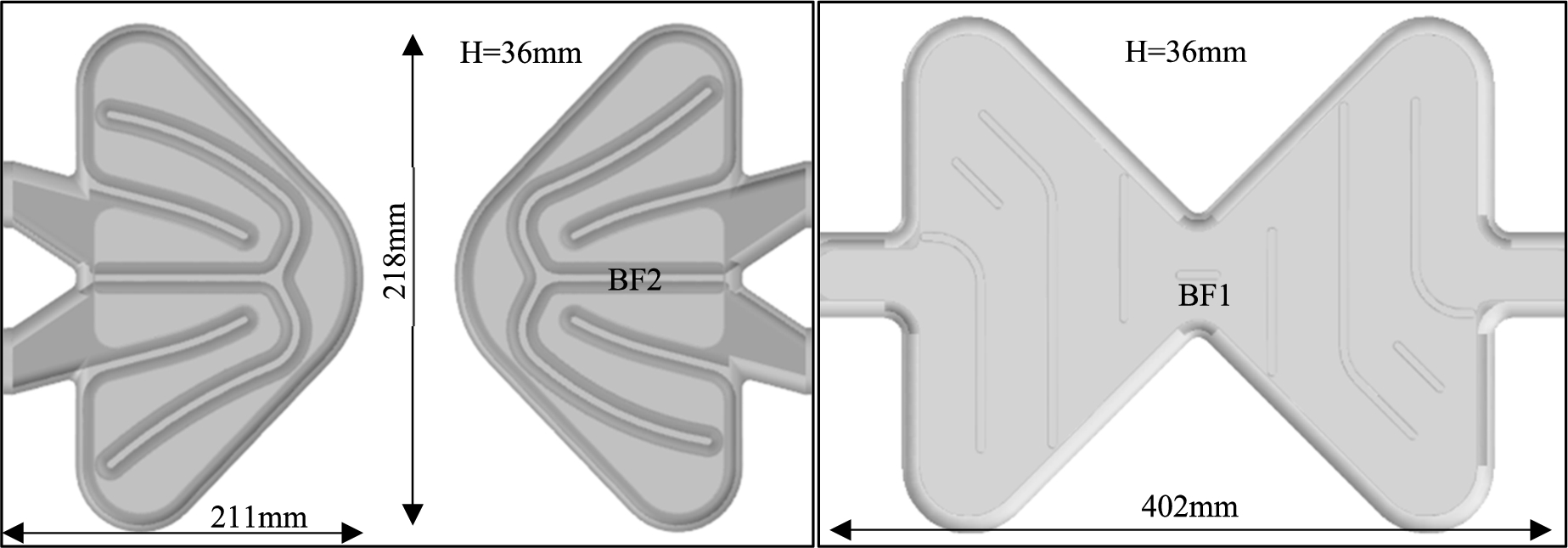 Engineering design of the first (BF2, left) and second (BF1, right [1]) generation of ESS para-hydrogen Moderators, showing horizontal sections through the center of the Moderators including fluid guide structure.