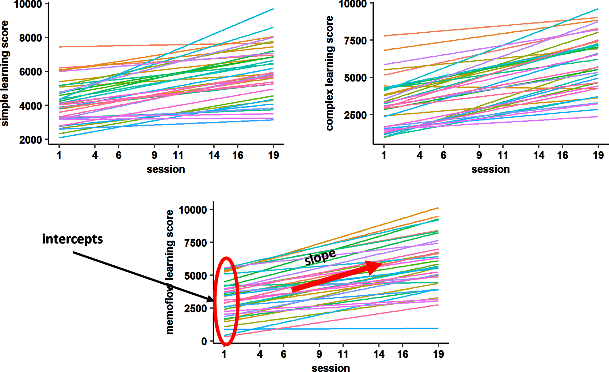 Linear models fitted to learning performance of each participant for each composite score. To extract the learning parameters for each individual, we fitted a linear model to the learning performance curve of each participant (different colors) for training sessions 1, 4, 6, 9, 11, 14, 16, 19. Individual slope and intercept parameters were used as predictors in the random forest regression models.