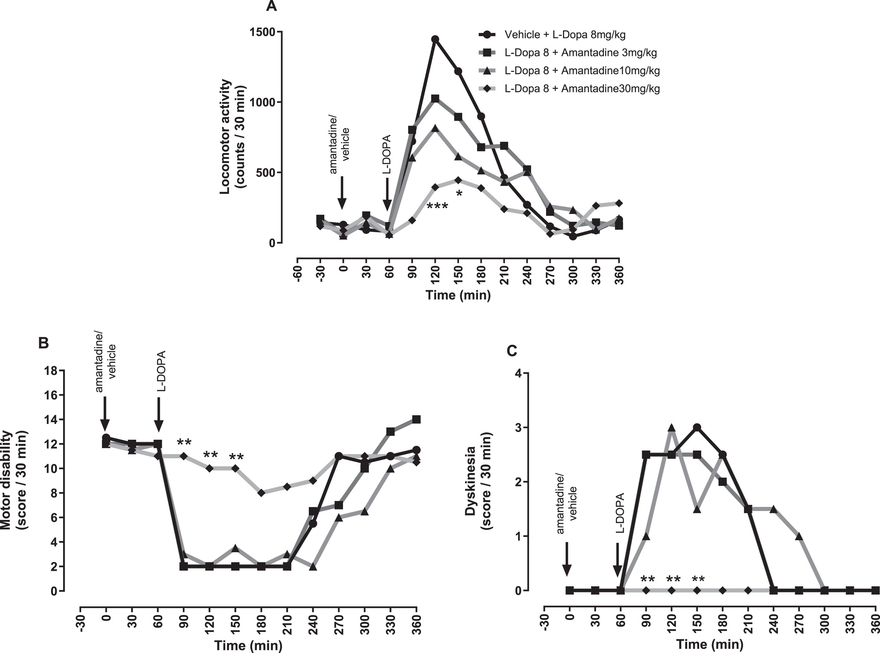 The NMDA receptor antagonist, amantadine reverses established L-DOPA-induced dyskinesia in MPTP-treated marmosets at the expense of antiparkinsonian efficacy. (A) Locomotor activity, (B) Motor disability scores and (C) Dyskinesia scores per 30-min interval for a 6 h period post treatment with vehicle or amantadine (3, 10, and 30 mg/kg po), plus L-DOPA (8 mg/kg + benserazide (10 mg/kg) p.o.). Data are medians (n = 6). ***p < 0.001, **p < 0.01, and *p < 0.05 versus vehicle pre-treatment (two-way RM ANOVA with Bonferroni post-hoc test).