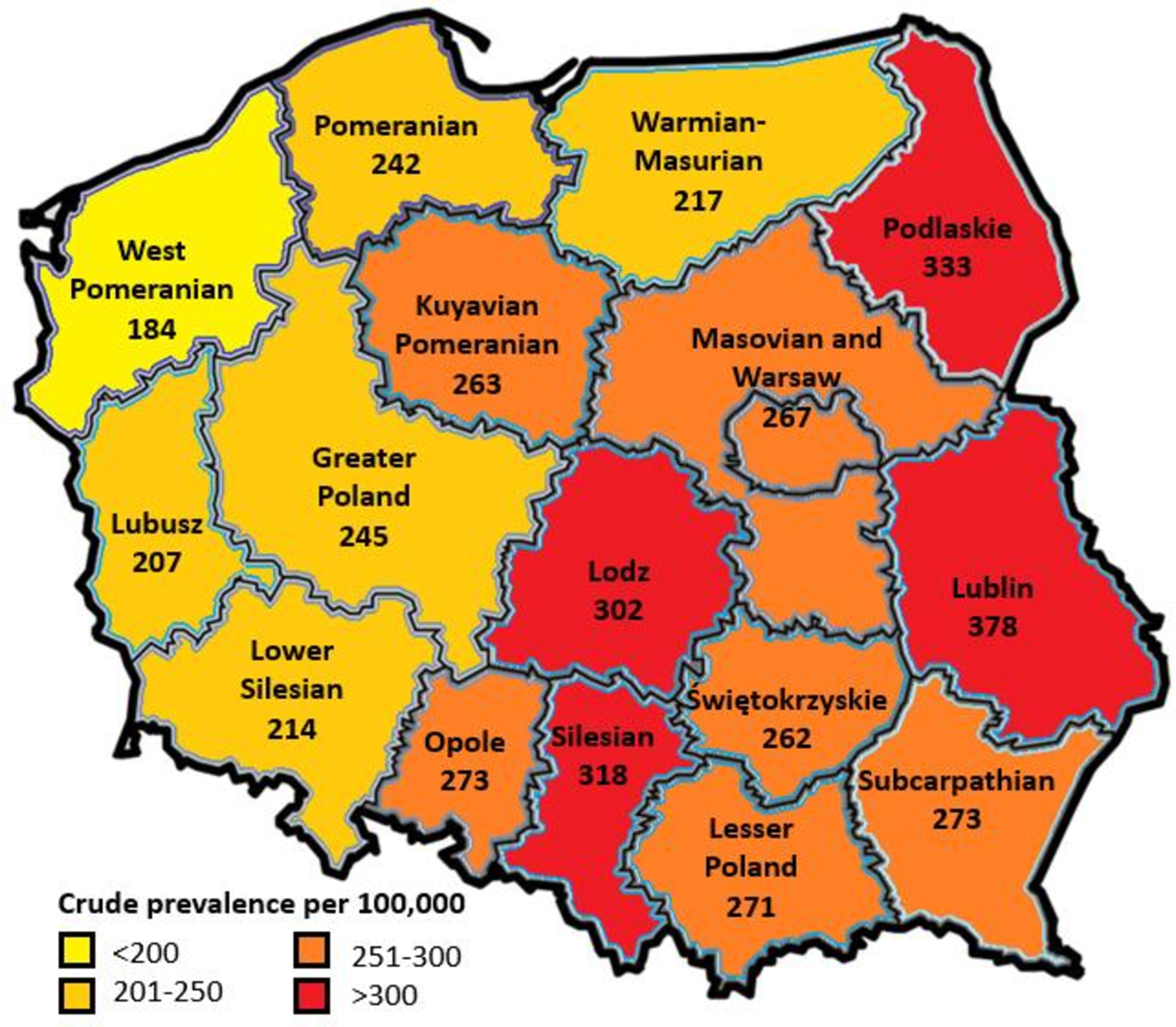 Regional distribution of Parkinson’s disease crude prevalence in Poland for the year 2019. Numbers represent prevalence per 100,000 inhabitants. The map used in this figure was created through MapChart (https://www.mapchart.net).