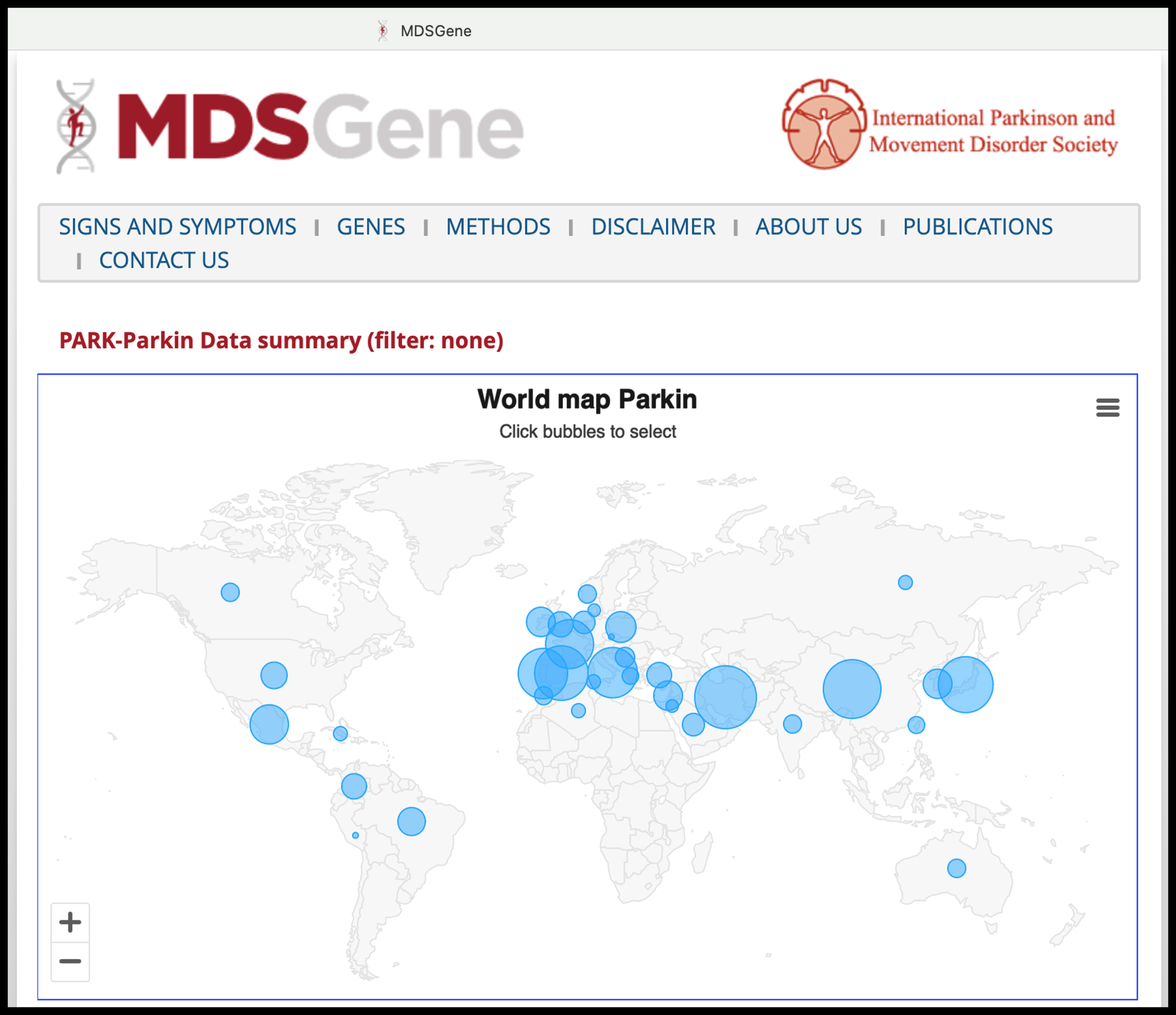 Screenshot from the MDSGene website (https://www.mdsgene.org, accessed on 5 November 2023), here depicting, as an example, the updated statistics on PARK-PRKN cases reported worldwide with individual-level data (almost 1,500 cases). The website also provides curated data regarding patients’ clinical characteristics and the pathogenicity classification of genetic variants.