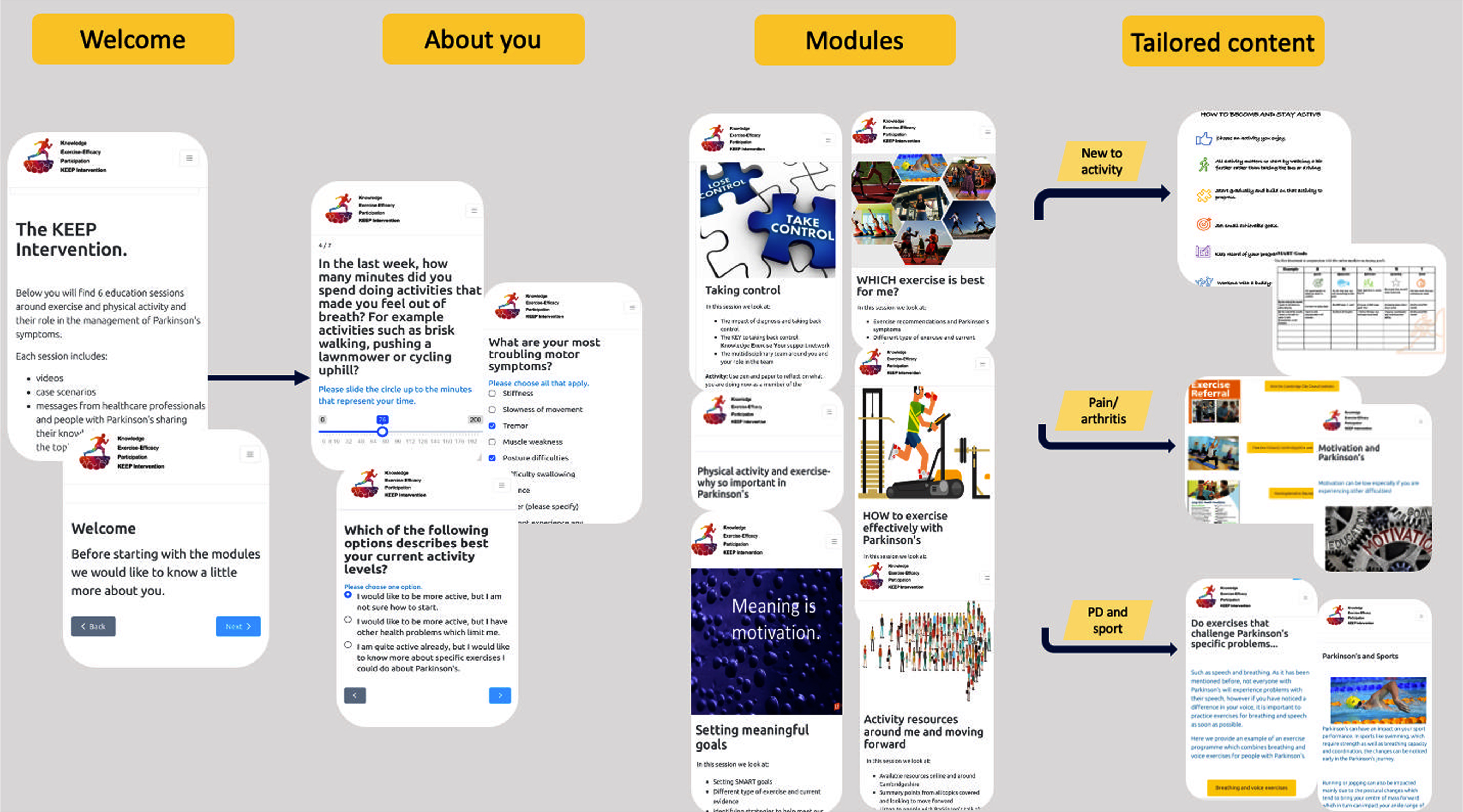 The KEEP intervention participant flow in the online platform. The intervention includes multimedia education about exercise and physical activity and their importance in Parkinson’s disease (PD), delivered by healthcare professionals specializing in PD and people living with Parkinson’s. The content is tailored to the participant and based on their answers during the profile set up. Interactive functions include multiple choice questions, goal setting, and activity diary which are also provided for participants to download.