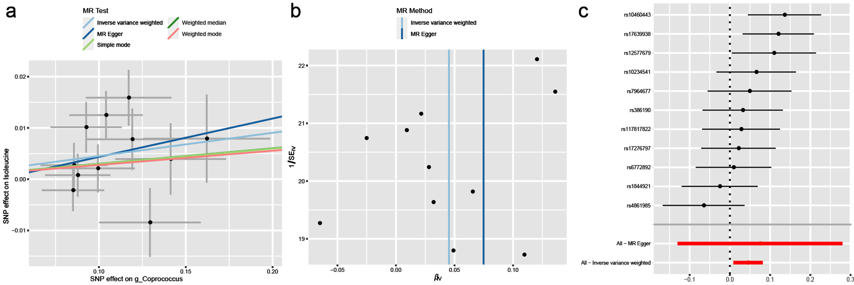 The causal effect of isoleucine on g_Coprococcus. (a) Scatter plot, (b) Funnel plot and (c) Forest plot.