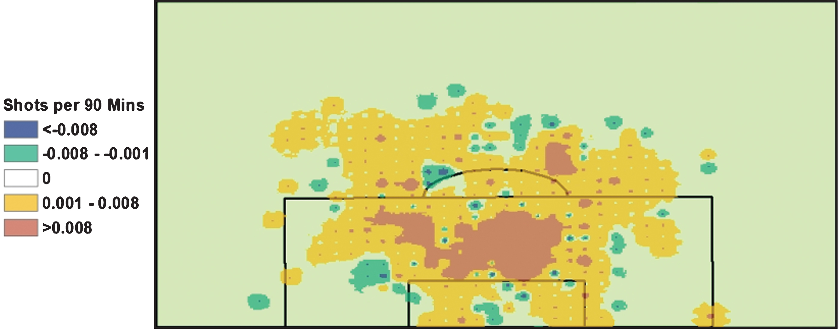 Ribéry/Alaba vs. Ribéry only Shots taken. Red/Orange are areas where more shots are taken when David Alaba is on the pitch in support of Franck Ribery. Green/Blue are areas where more shots are taken when Franck Ribery does not have David Alaba in support.