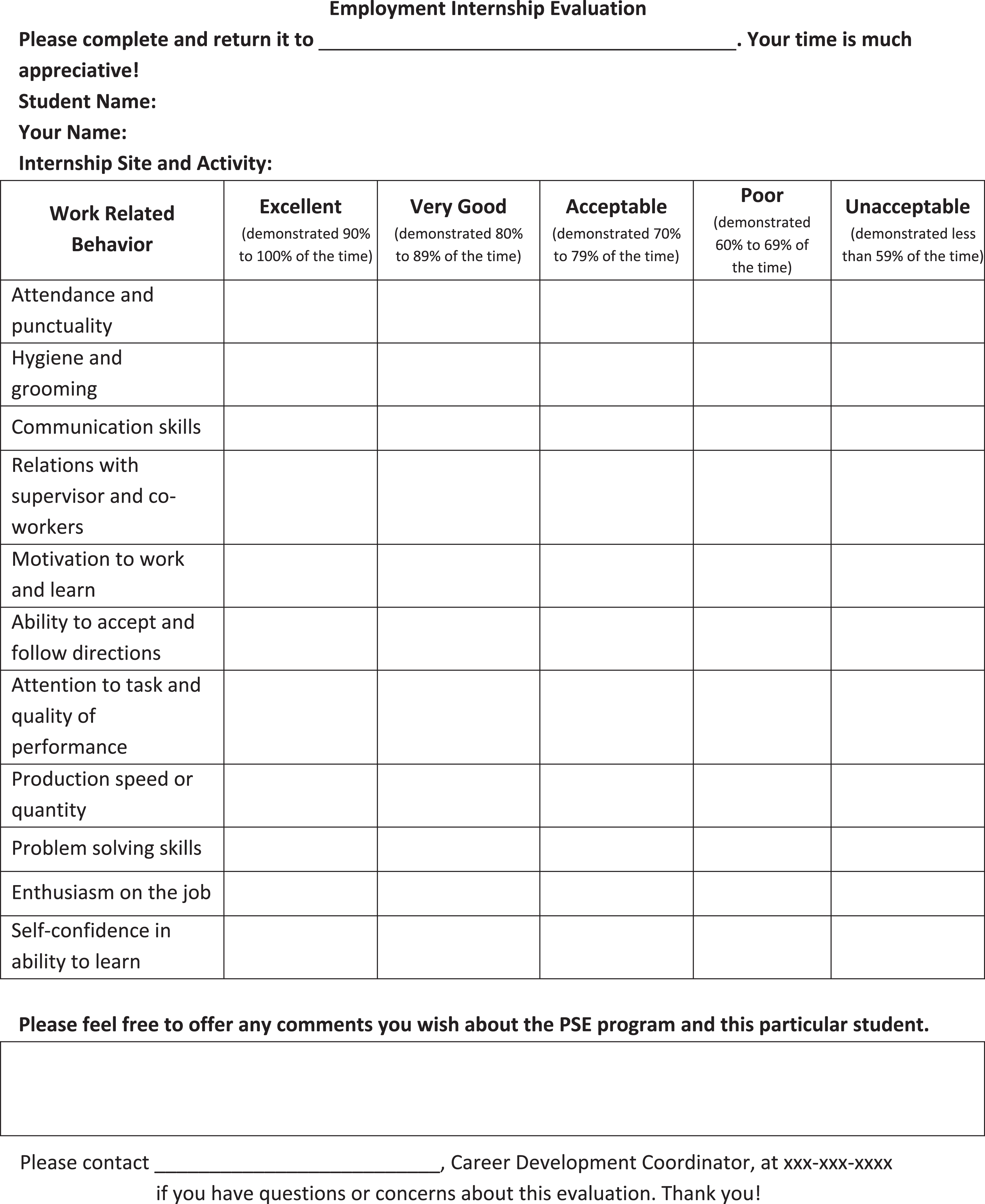 Example of employer evaluation used in the PSE program.