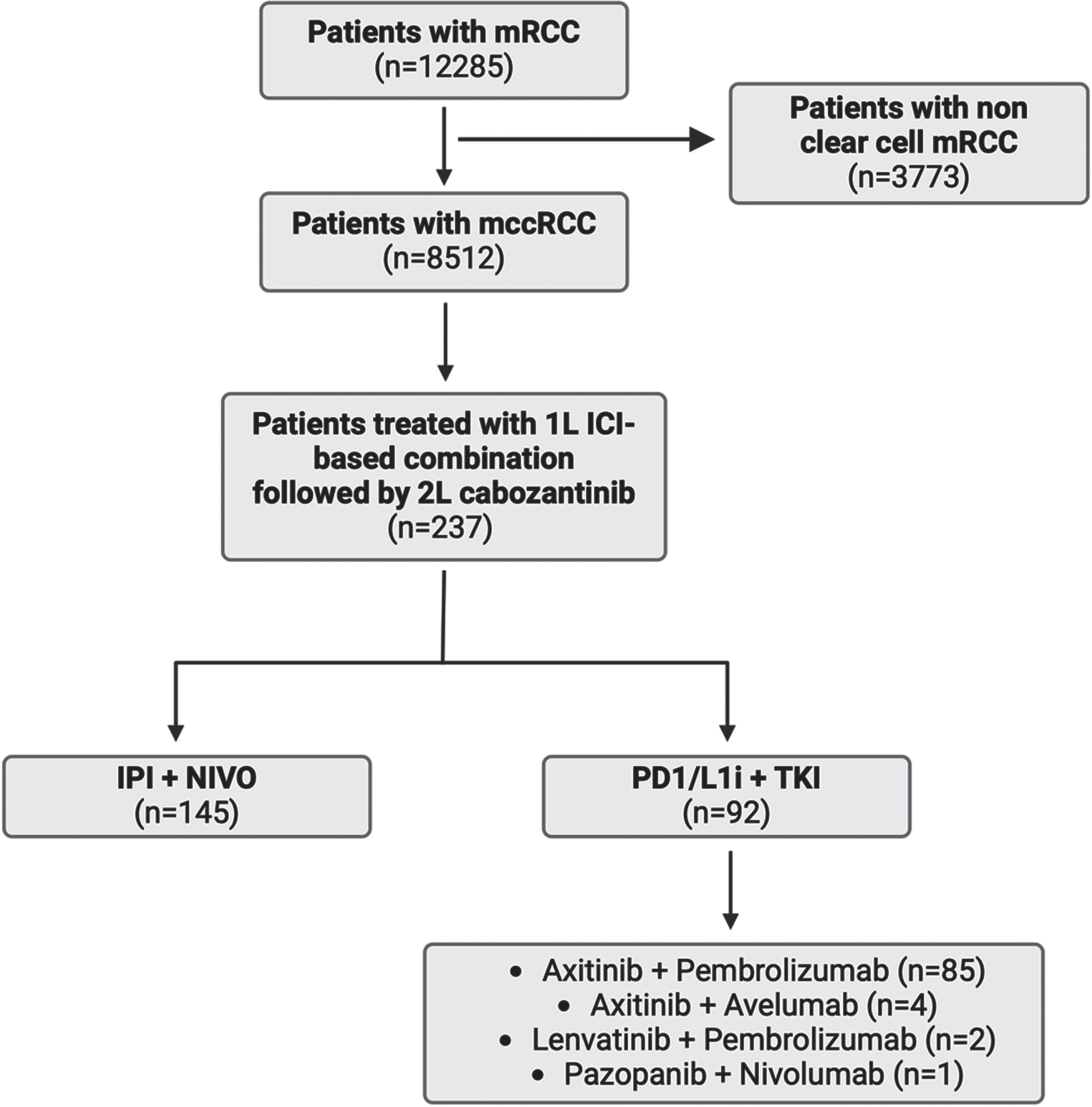 Schematic representation of patient selection for the study. Abbreviations: ICI: immune checkpoint inhibitor. IPI + NIVO: ipilimumab with nivolumab. PD1/L1i with TKI: PD1/L1 inhibitor with tyrosine kinase inhibitor. mRCC: metastatic renal cell carcinoma. mccRCC: metastatic clear cell renal cell carcinoma. 1L: first-line. 2L: second-line. Created with Biorender®.