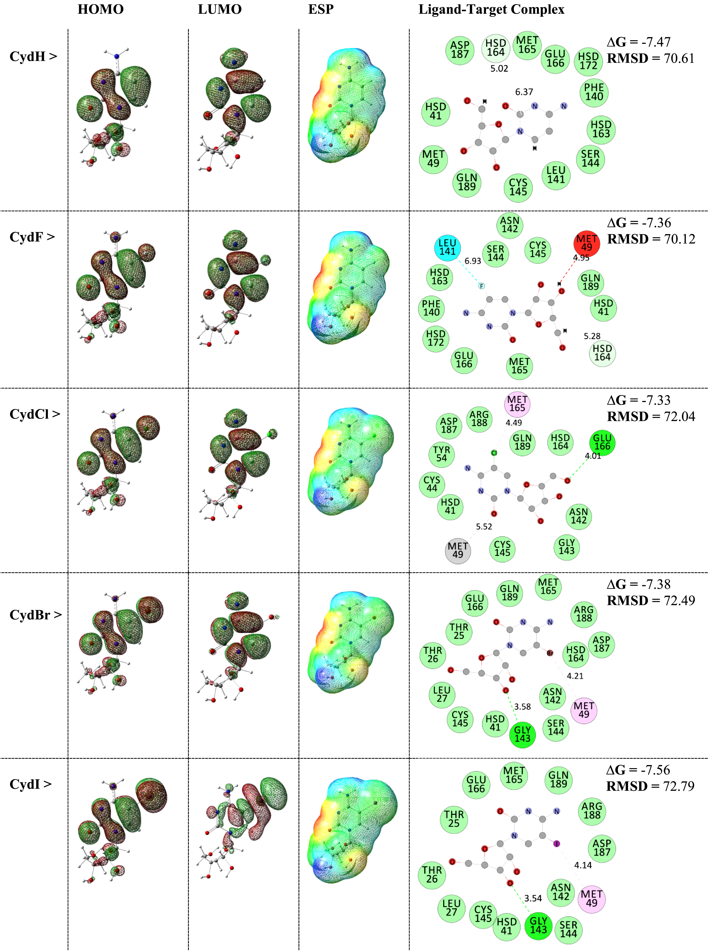 HOMO-LUMO distribution patterns and ESP surfaces of ligands and interacting ligand-target complexes.