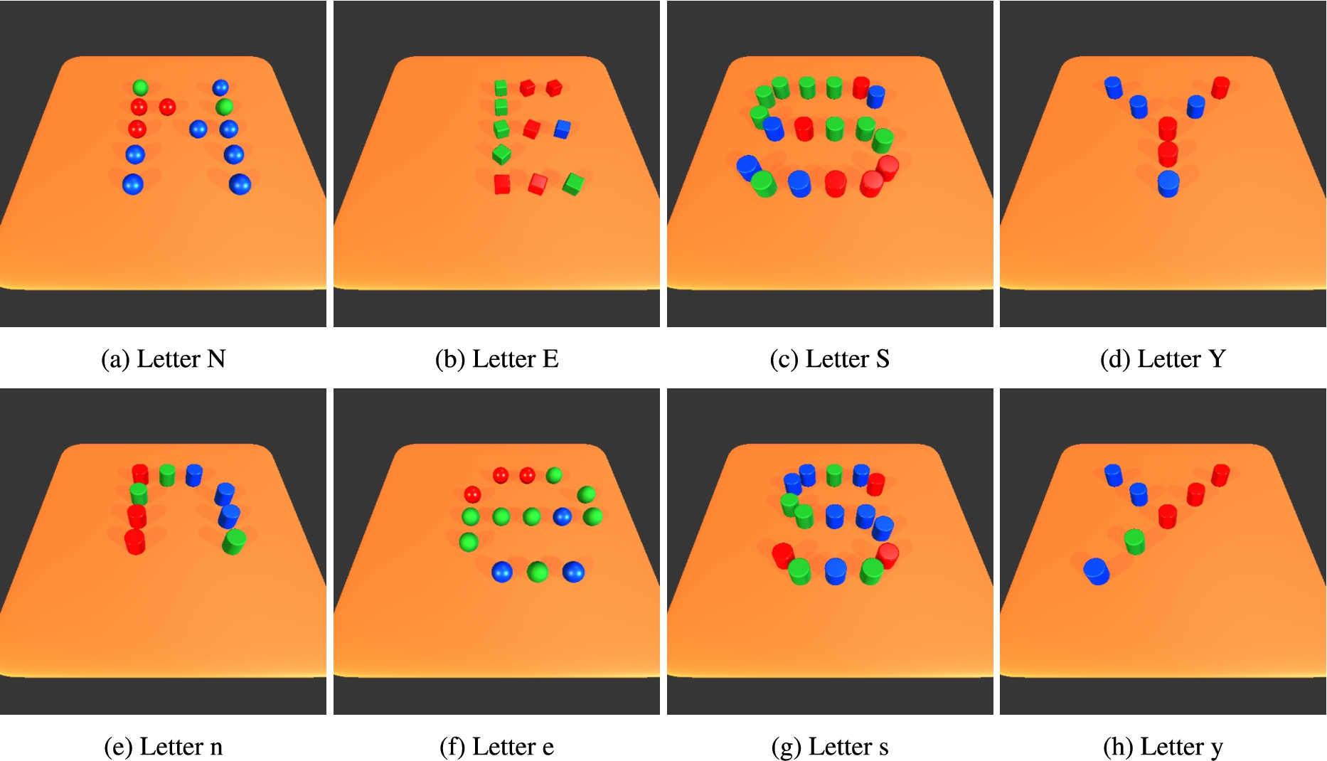 Latin Alphabet Patterns. Latin letters (including upper and lower case) consisting of multiple objects. The shape of the individual letters consists mainly of lines. For more examples, see appendix B.