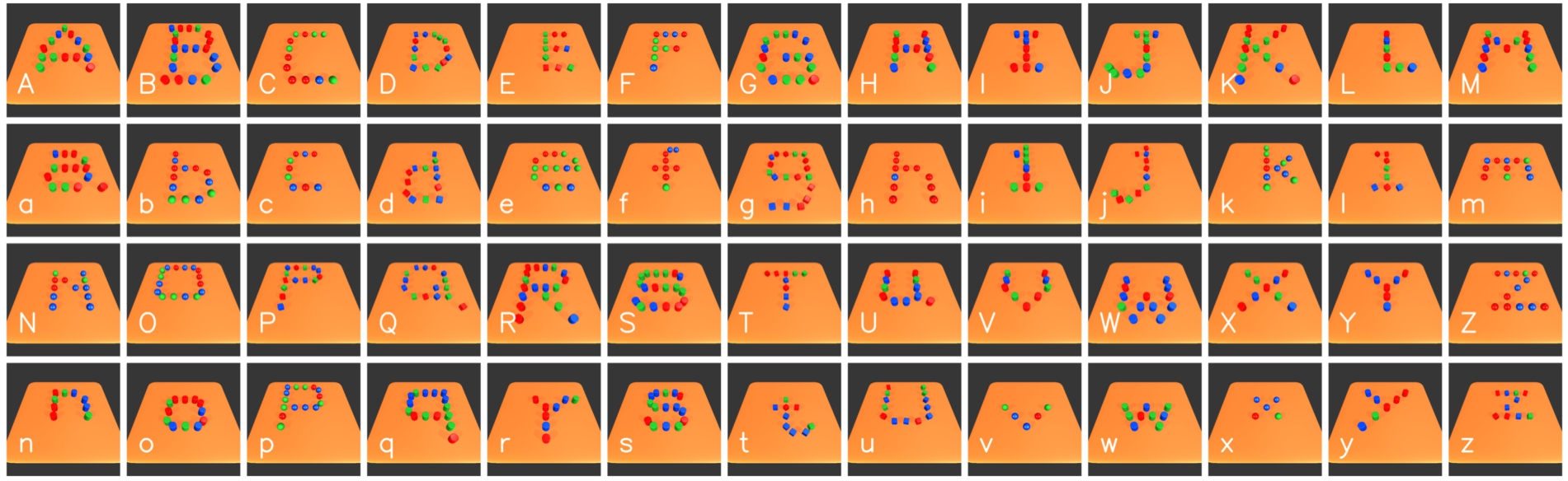 Latin Alphabet Patterns. Latin letters (including both upper and lower cases) constructed by multiple objects. The shape of each letter is mainly composed of lines.