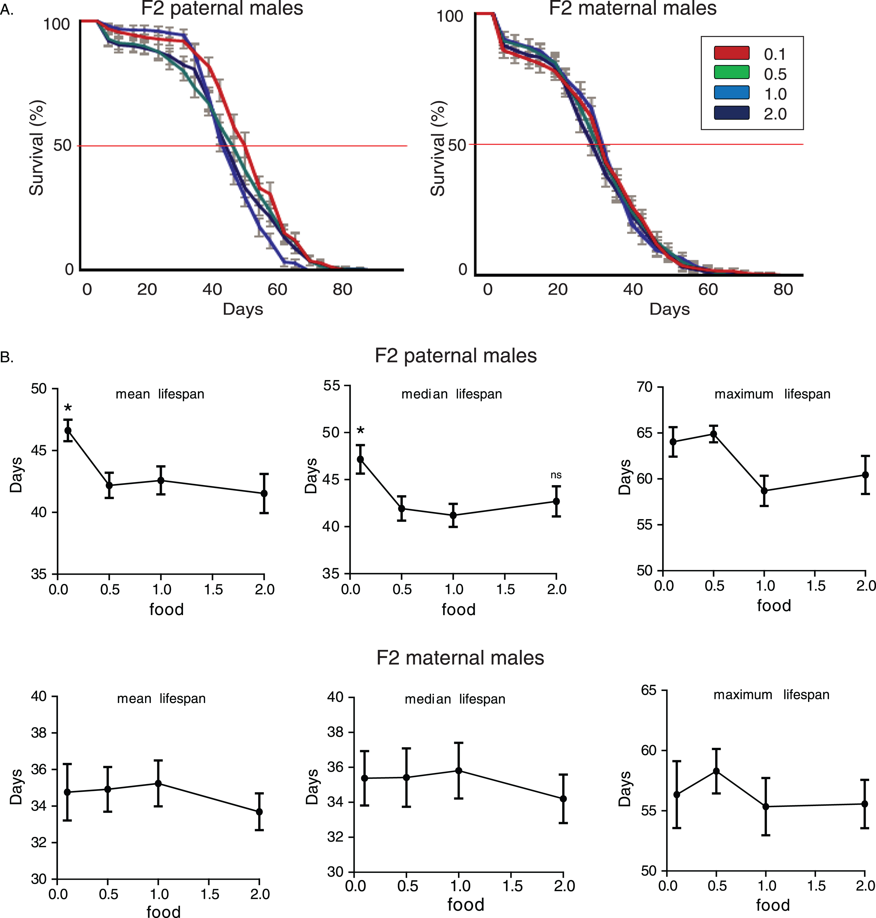 Nutritional regulation of transgenerational longevity in wDah strain is sex-specific. A) Lifespan curves of F2 males from paternal and maternal grandfathers subjected to different dietary regimes through larval stages. F2 virgin males whose paternal grandfathers had experienced starvation through larval stages (F2 paternal 0.1 males) were long-lived compared to the other groups. F2 (paternal) 0.1 vs. 0.5: p < 0.042, F2 (paternal) 0.1 vs. 1.0: p < 4×10–6 and F2 (paternal) 0.1 vs. 2.0: p < 0.0025, log rank test. Lifespan curves did not differ significantly in F2 virgin males whose maternal grandfathers were reared under different food conditions (F2 maternal males) (p > 0.05, log rank test). Lifespan data shown are from a single trial. For each lifespan experiment n > 260. Error bars indicate SEM. B) Mean, median and maximum lifespan of F2 males from paternal and maternal grandfathers exposed to different dietary conditions. Mean and median, but not maximum, lifespans were significantly increased in F2 parental males. F2 (paternal) 0.1 vs. 0.5: p < 0.05, q = 2.54, p < 0.05, q = 2.49 and p > 0.05, q = 0.356, F2 (paternal) 0.1 vs. 1.0: p < 0.05, q = 2.54, p < 0.05, q = 2.89 and p > 0.05, q = 1.696, F2 (paternal) 0.1 vs. 2.0: p < 0.05, q = 3, p > 0.05, q = 2.203 and p > 0.05, q = 1.548, for mean, median and maximum lifespan respectively. However, ancestor’s diet during larval stages did not significantly affect lifespan of F2 maternal males. One-way ANOVA with Dunnett’s multiple comparison against F2 0.1 flies. For each lifespan experiment n > 13, *p < 0.05. Error bars indicate SEM.