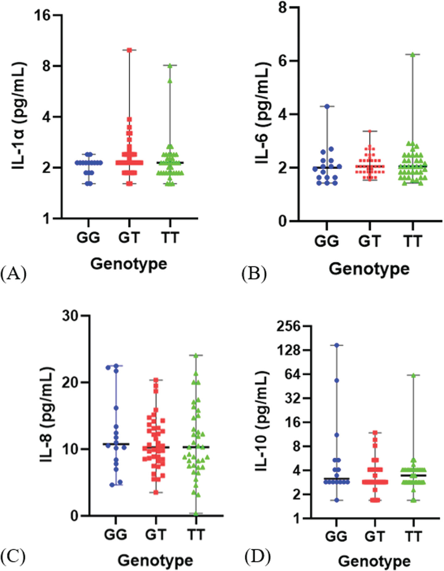 Distribution of SASP level (pg/mL) based on genotype FOXO rs2802292. (A). IL-1α level, (B). IL-6 level, (C). IL-8 level (D) IL-10 level.