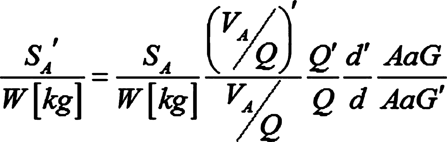 The equation used to estimate the Sa. Primed variables are used for prematurely born infants studied at term and unprimed symbols for term infants.